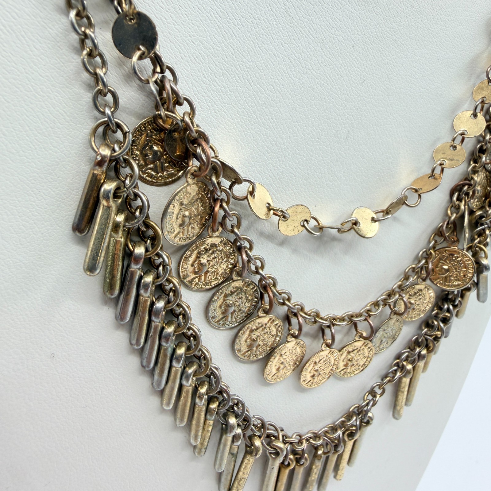VTG Antique Gold Tone Multi Strand Coin Fringe Layered Statement BIB Necklace