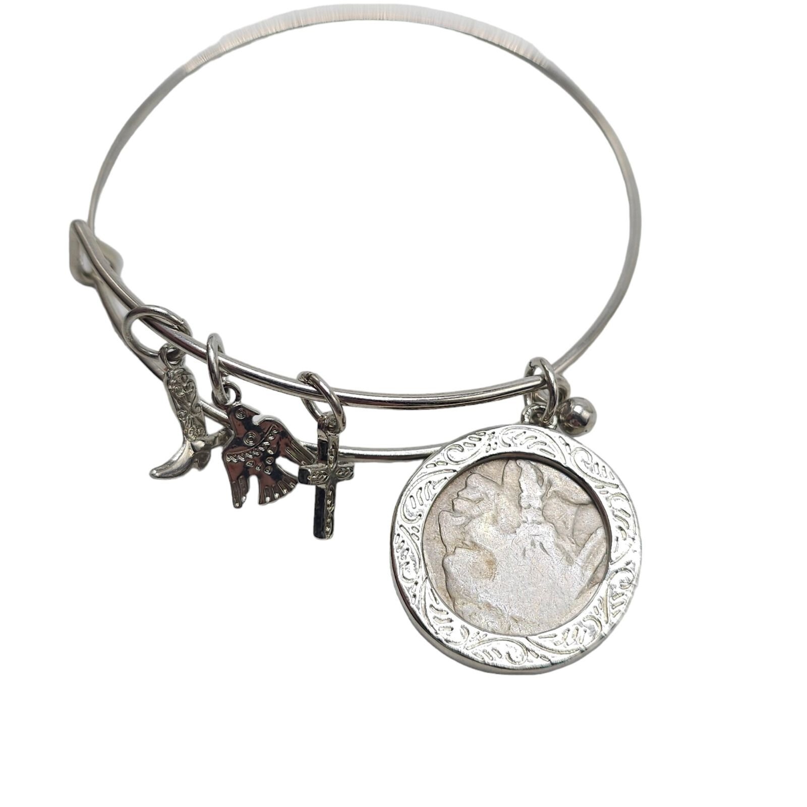 Western Charm Silver Tone Buffalo Nickel Obverse Coin Bangle Bracelet