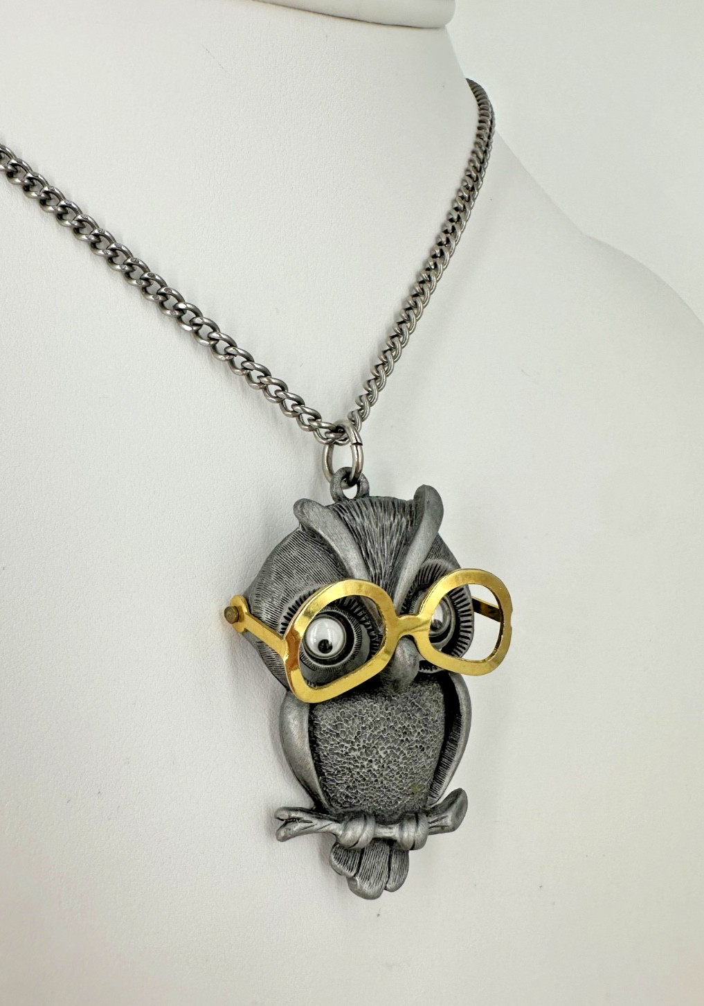 Vintage FAB Pewter Tone Googly Eyed Owl With Movable Eyeglasses Pendant Necklace