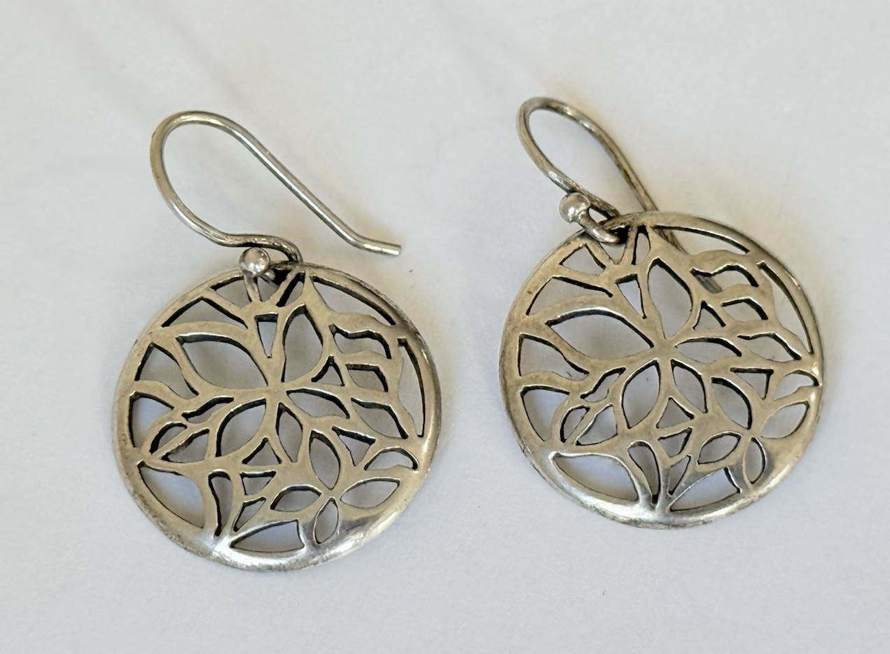 Vintage Sterling Silver Edelweiss Flower Filigree Mandala Hook Earrings