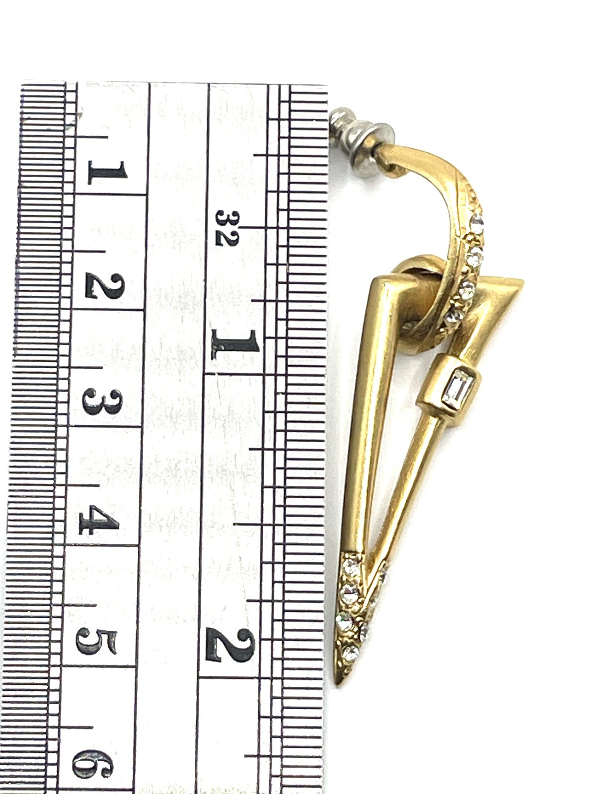 Vintage Jackie Collins Brushed Gold Rhinestone Geometric Drop Dangle Earrings 2”