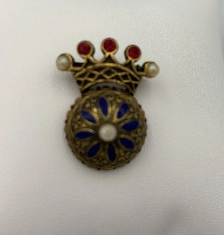Vintage Crown Brooch with Pearl, Enamel & Gold Blue Red White Signed “Coro”