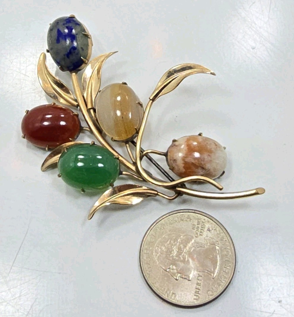 Vintage 1/20 12k Yellow Gold Filled Green Red Oval Stone Leaf Pin Brooch