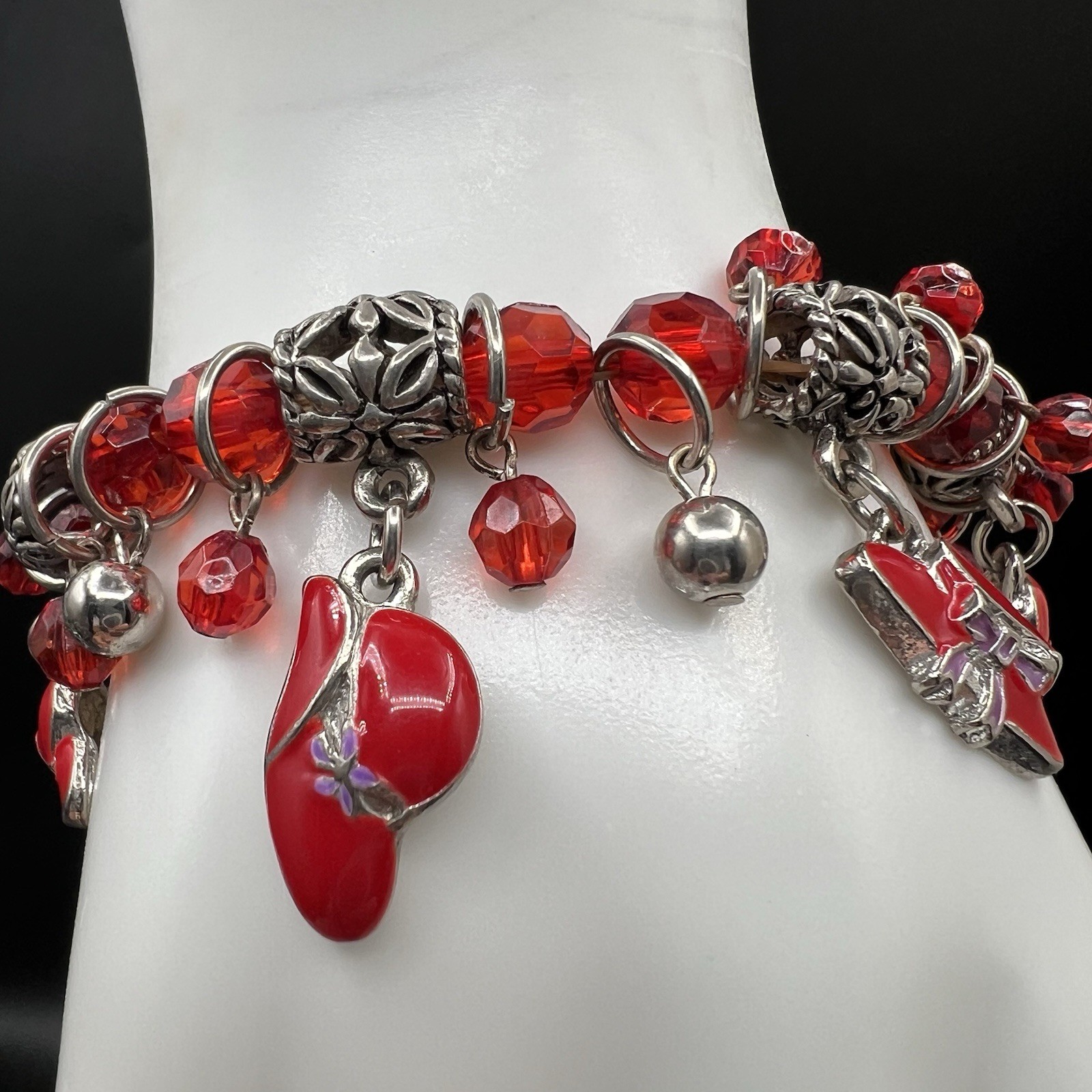 Vintage Dangle Charm Bracelet Red Enamel Hat Charms Filigree Spacer Beads