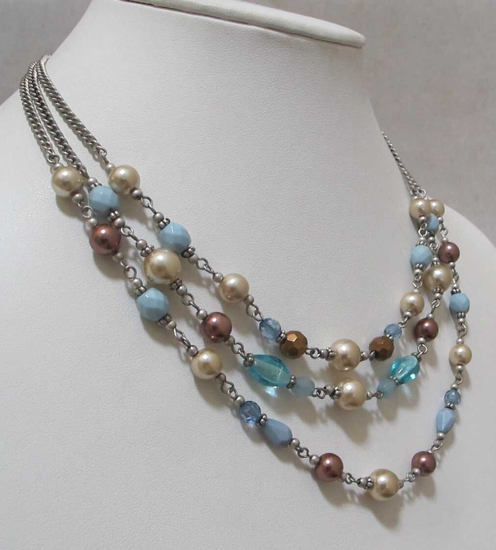 Vtg PREMIER DESIGNS 3-Strand White & Brown Faux Pearls Aqua Beads Necklace