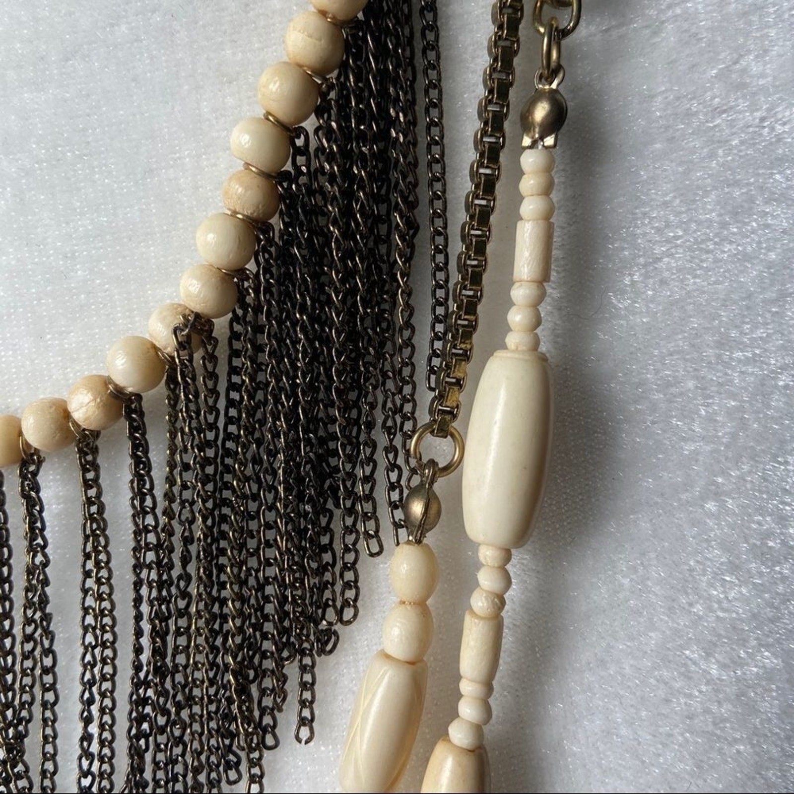 New Berry funky mixed media multi strand ivory tone and gold fringe necklace