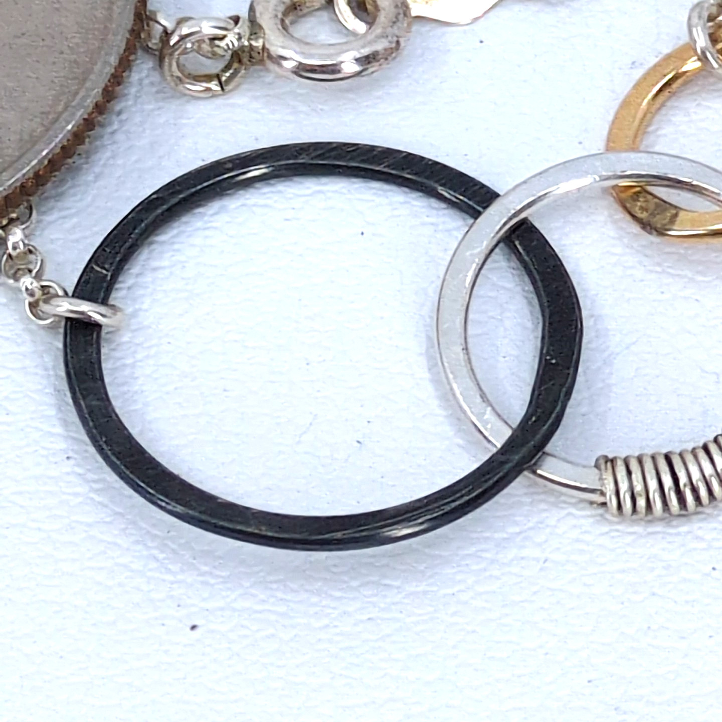 Sterling Silver Mixed Metal Jewelry Set Necklace 18″ Bracelet Earrings Tri-tone