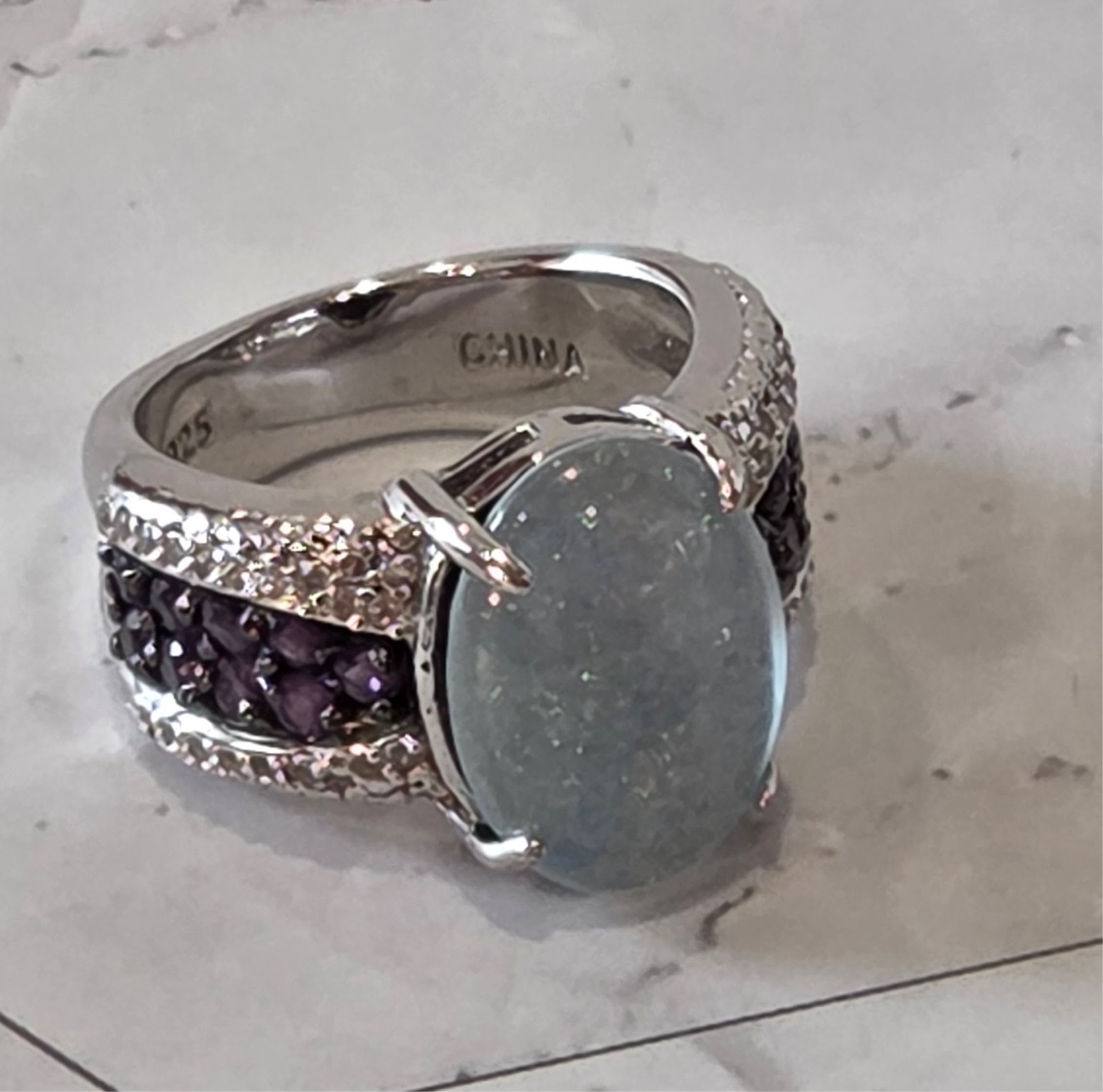 VINTAGE 925 Silver signed JZ Oval Aquamarine & Amethyst Accent Ring sz 5