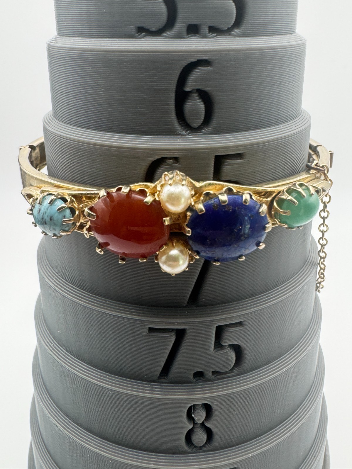 Vintage Cabochon Bracelet Green Blue Hinged Bangle Victorian Revival