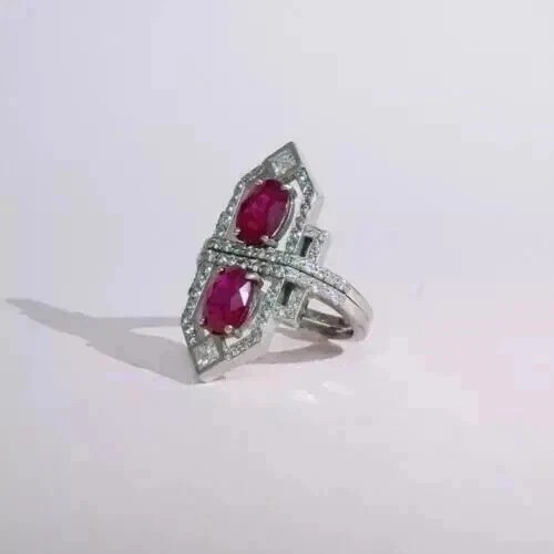 Share 3.45Ct Art Deco Style Oval Lab Created Ruby Wedding 14K White Gold Finis