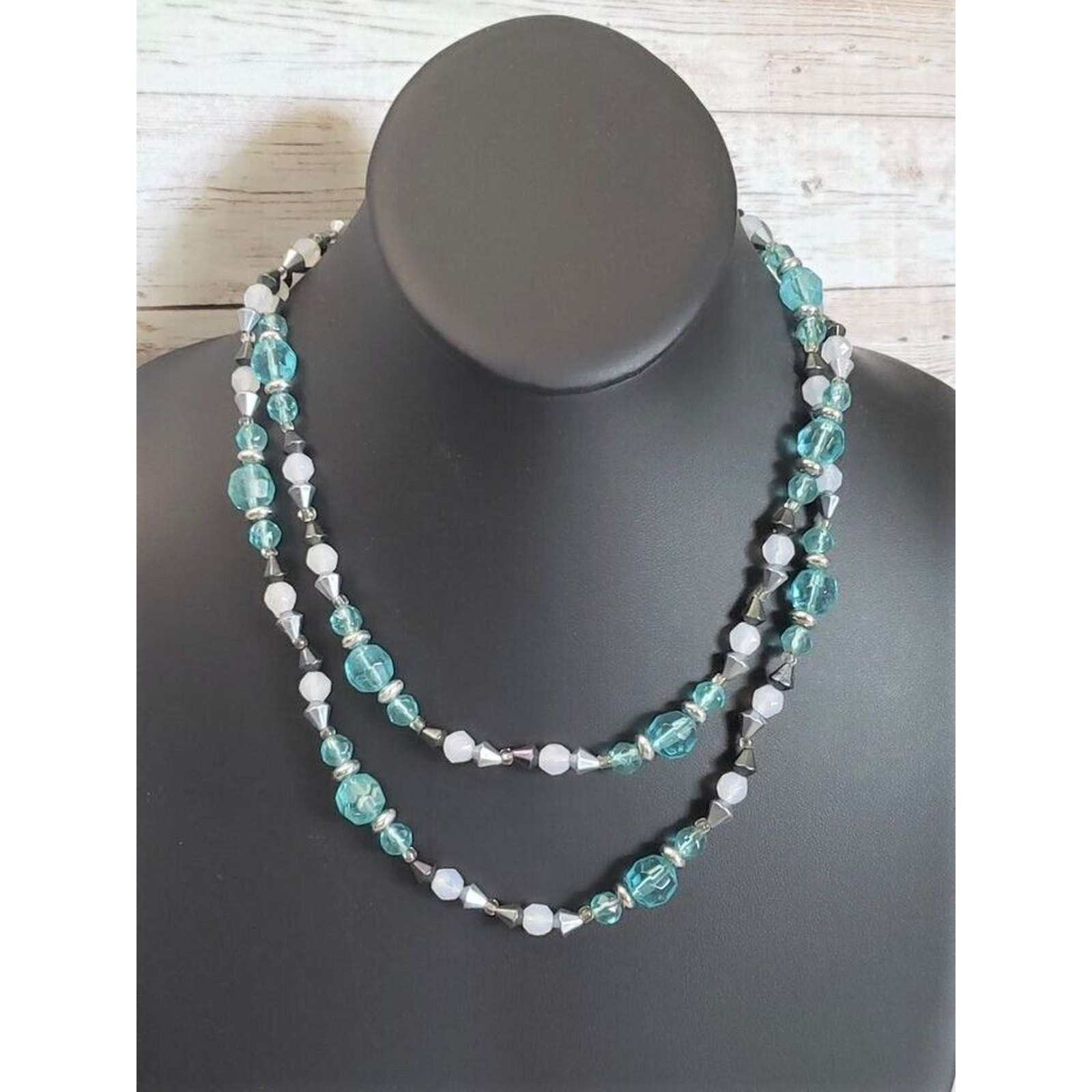 Vintage Necklace Double Strand Beaded Necklace – Blue Tones