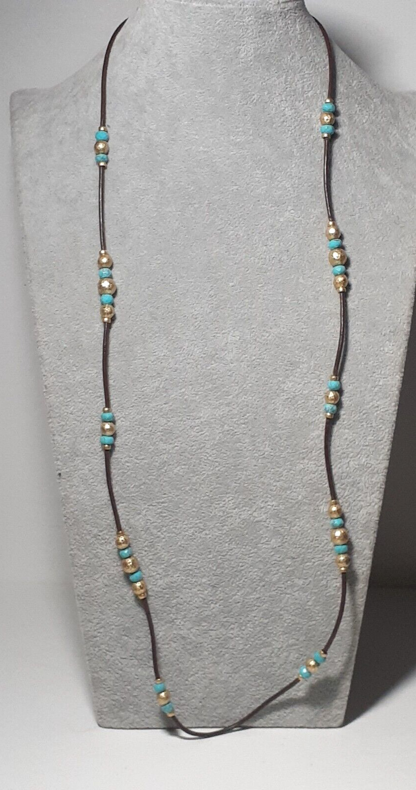 Artisan Leather Cord Necklace Hammered Metal Beads Blue Mixed Materials 32″