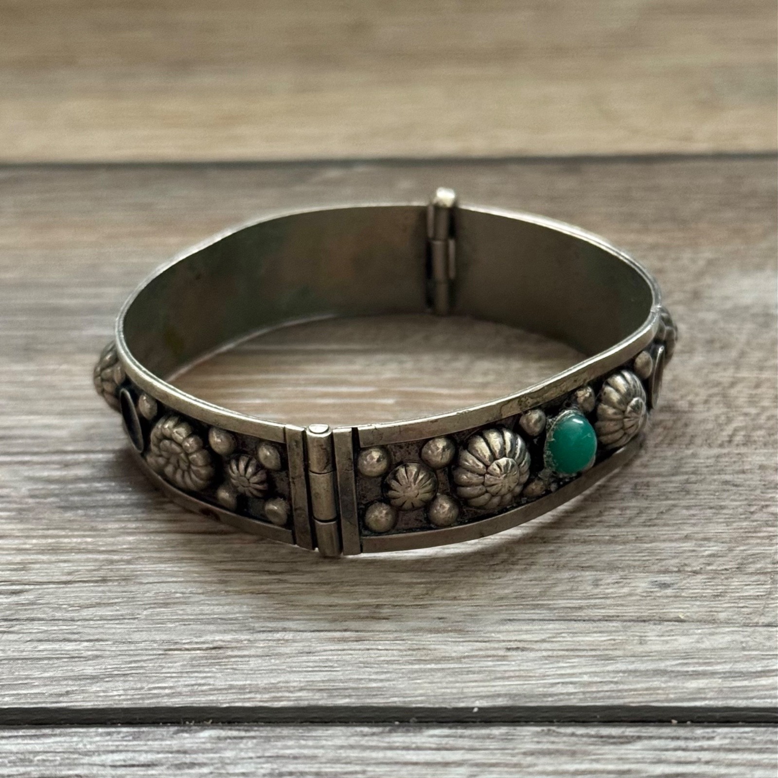 Vintage Alpaca Misshaped Hinged Bracelet Missing Stones Tarnished Double Stamp C