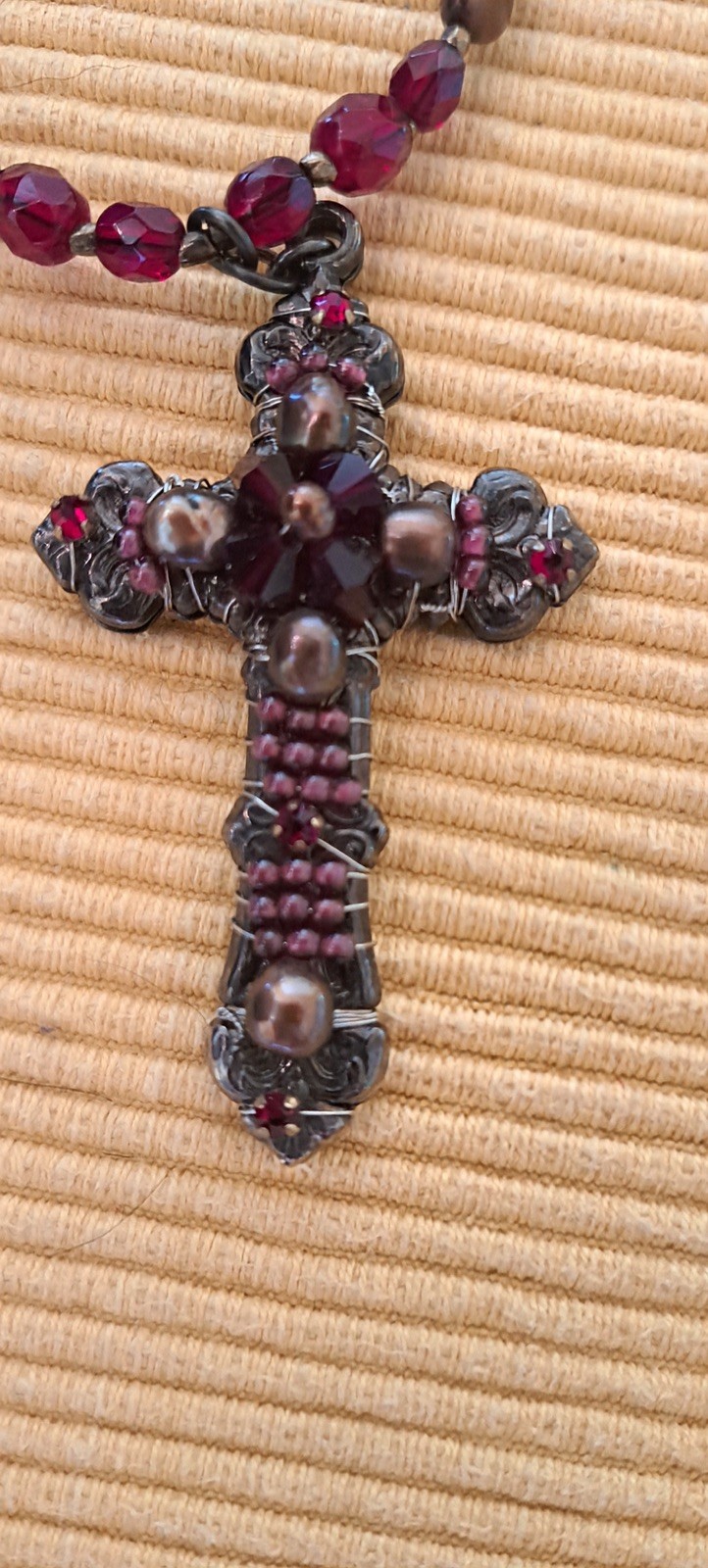 Vintage Signed Miriam Haskell Garnet Red Glass Bead Deco Necklace w Beaded Cross