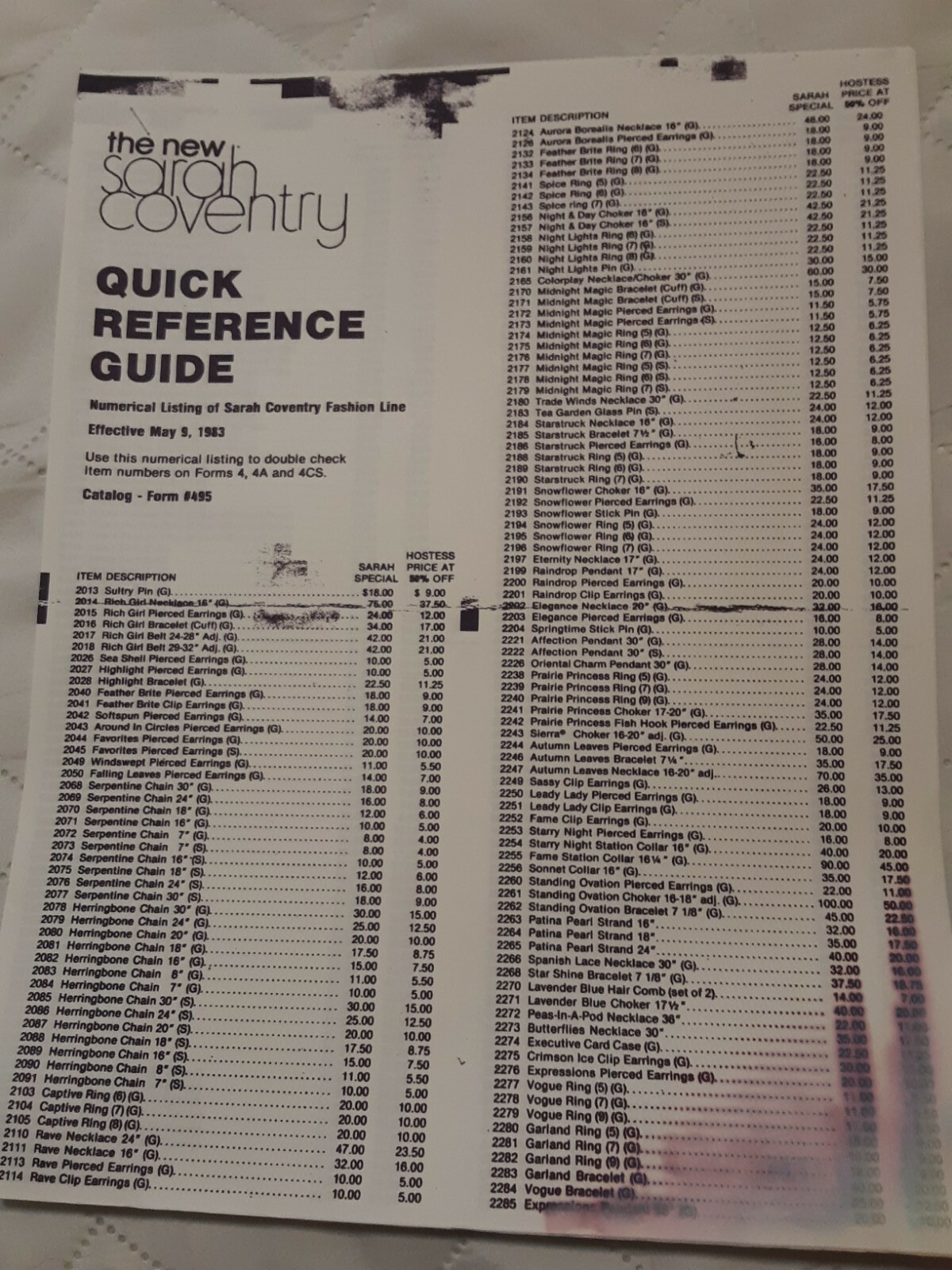 PRINTED COPY OF A 1983 “QUICK REFERENCE GUIDES ” SARAH BOOK BOOK. 4 PAGES