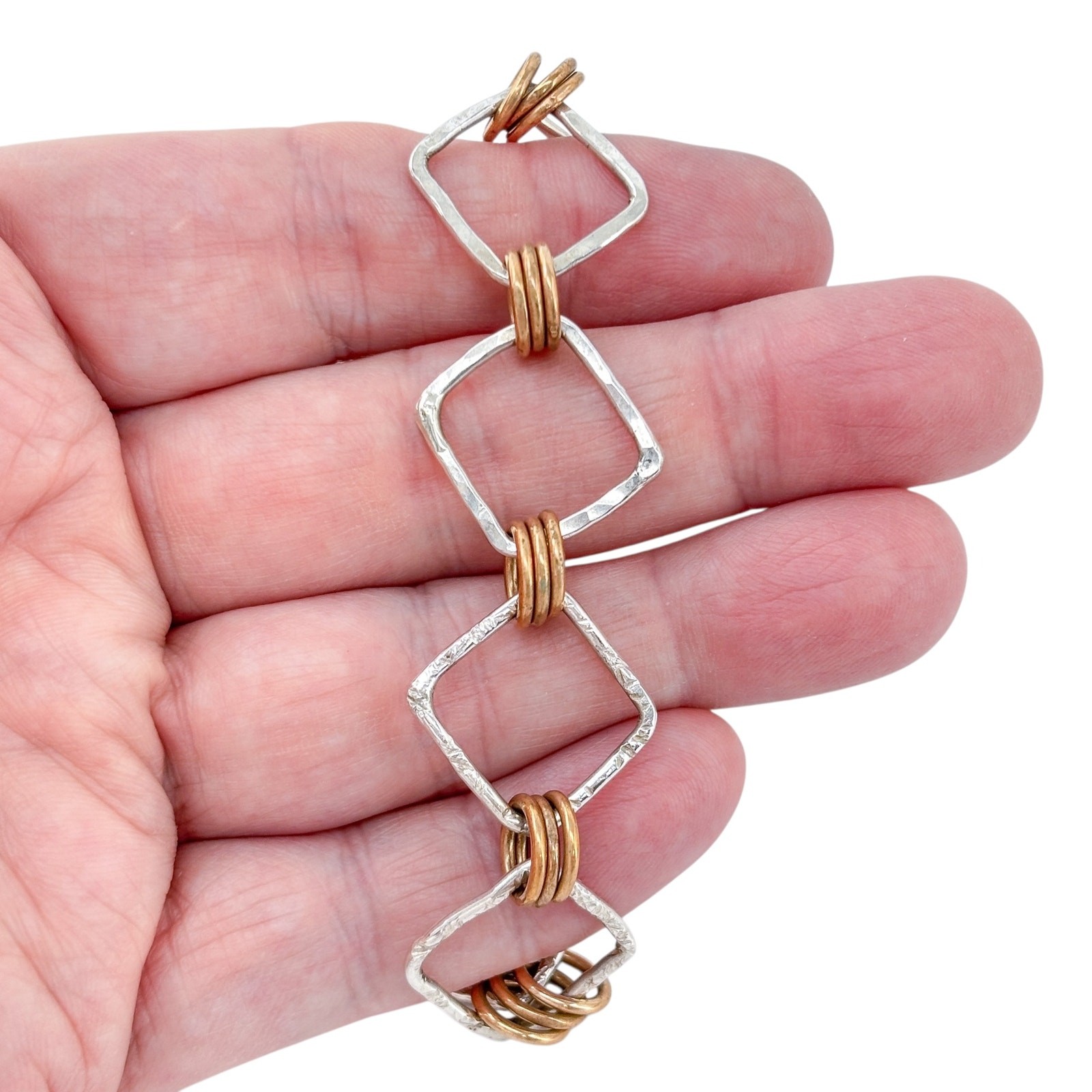 Vintage Sterling Silver 925 Mixed Metal Geometric Link Bracelet 7.5″-8″