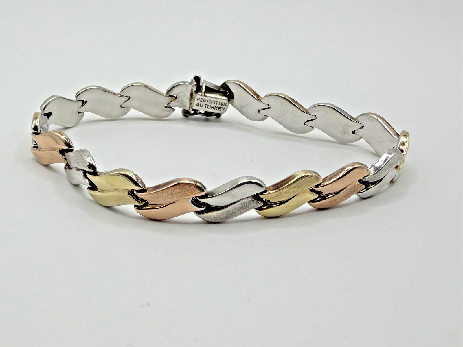 TRI COLOR STERLING SILVER 925 LINK BRACELET MIXED METAL WAVY BOX CLASP VINTAGE