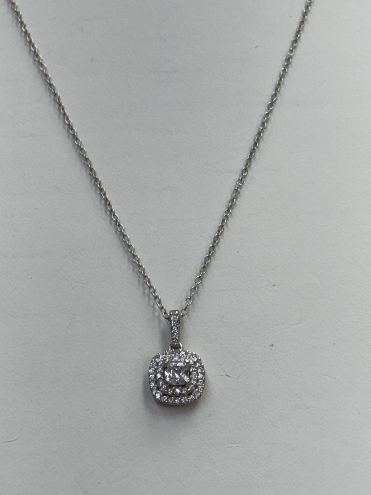 Sterling Cushion Cut CZ Double Halo Style Pendant Necklace 16-18”