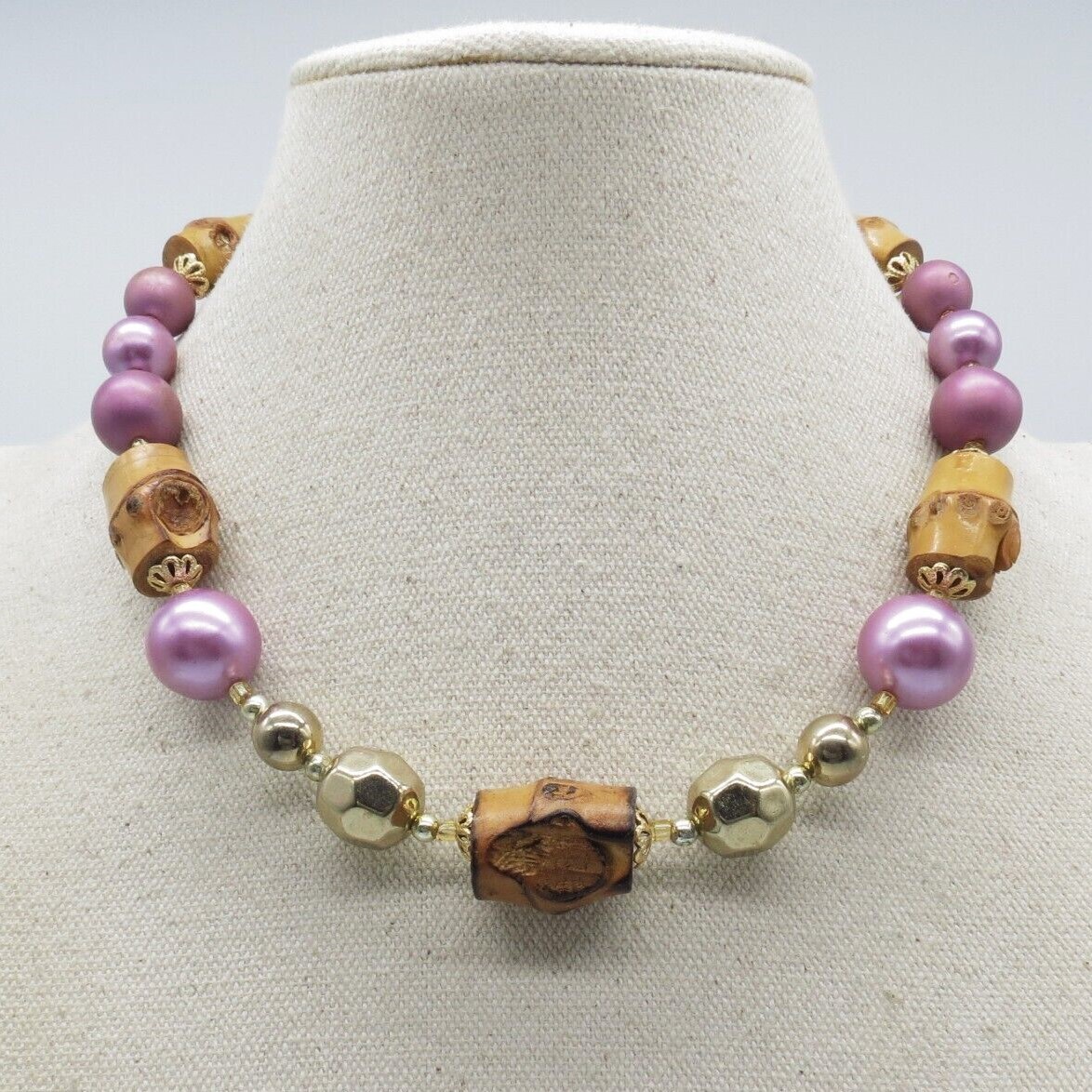 Vintage Japan Bamboo Pink Beaded Necklace Gold Tone Statement 17″