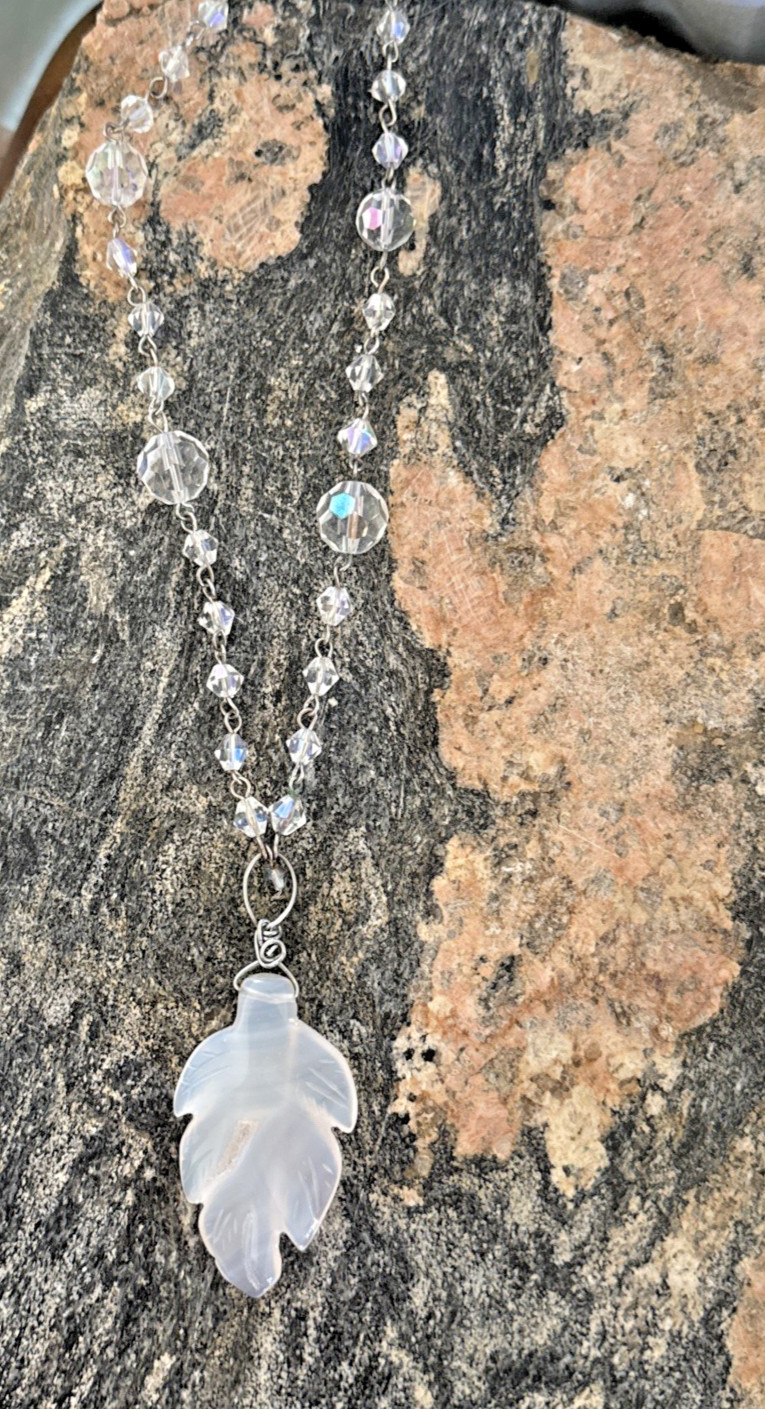 VTG Y2K NECKLACE Layer AGATE LEAF GEODE CRYSTALS AB Boho Hippie Gypsy Wedding