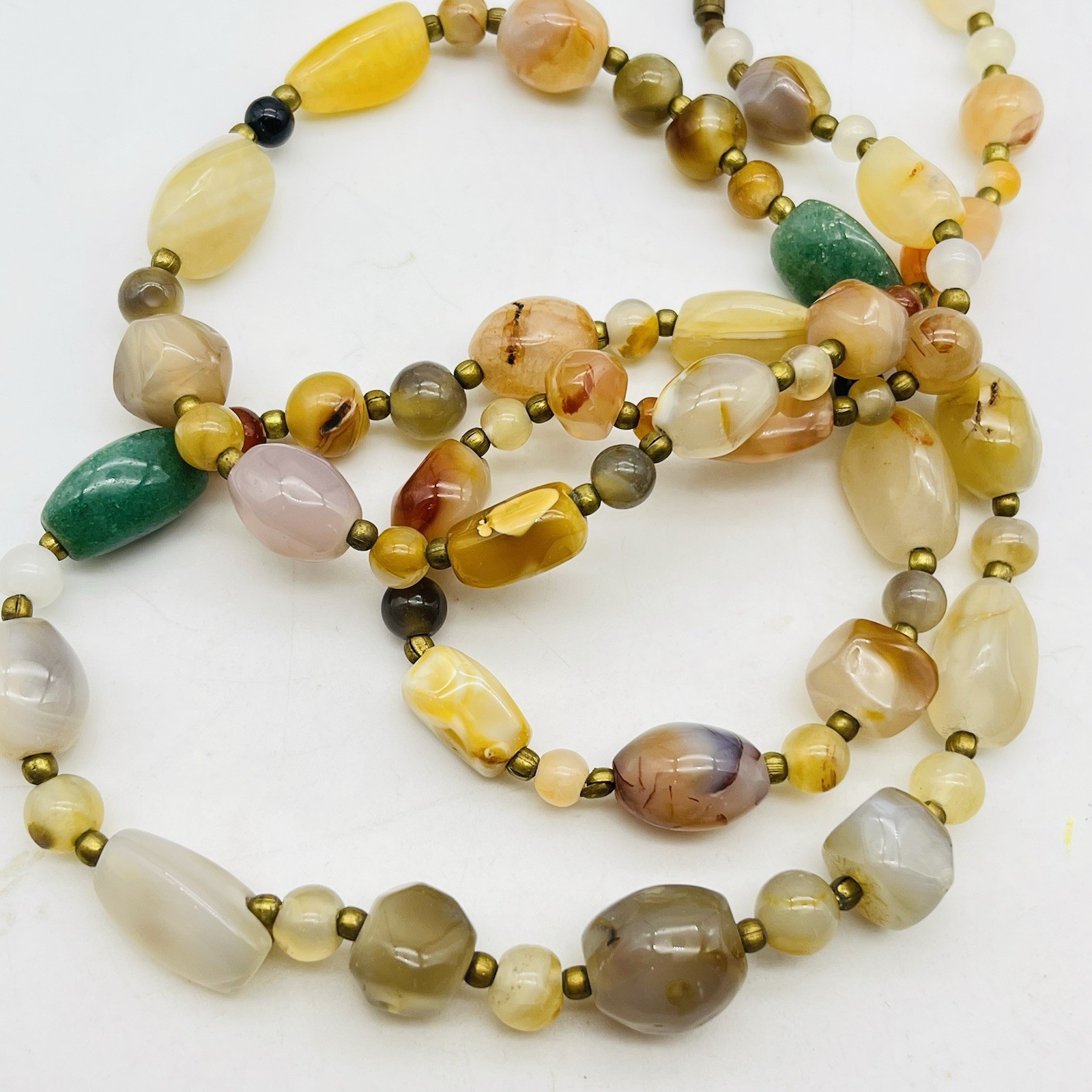 Vintage Beggar Bead Necklace Multicolor Agate Stone Boho Layering Strand 32″