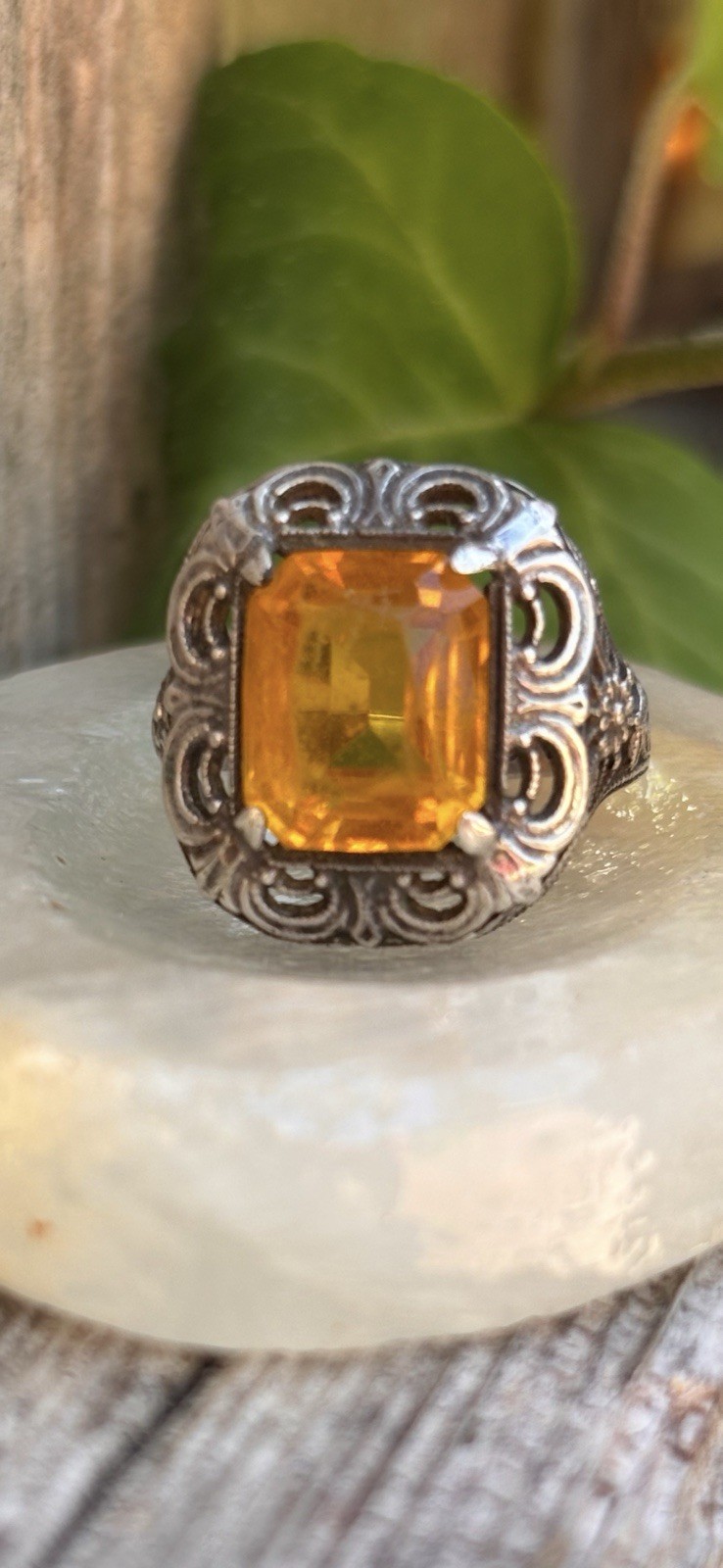 Citrine Checkerboard Sterling Silver Ring Antique Vintage Size 4.25 Nice !!!