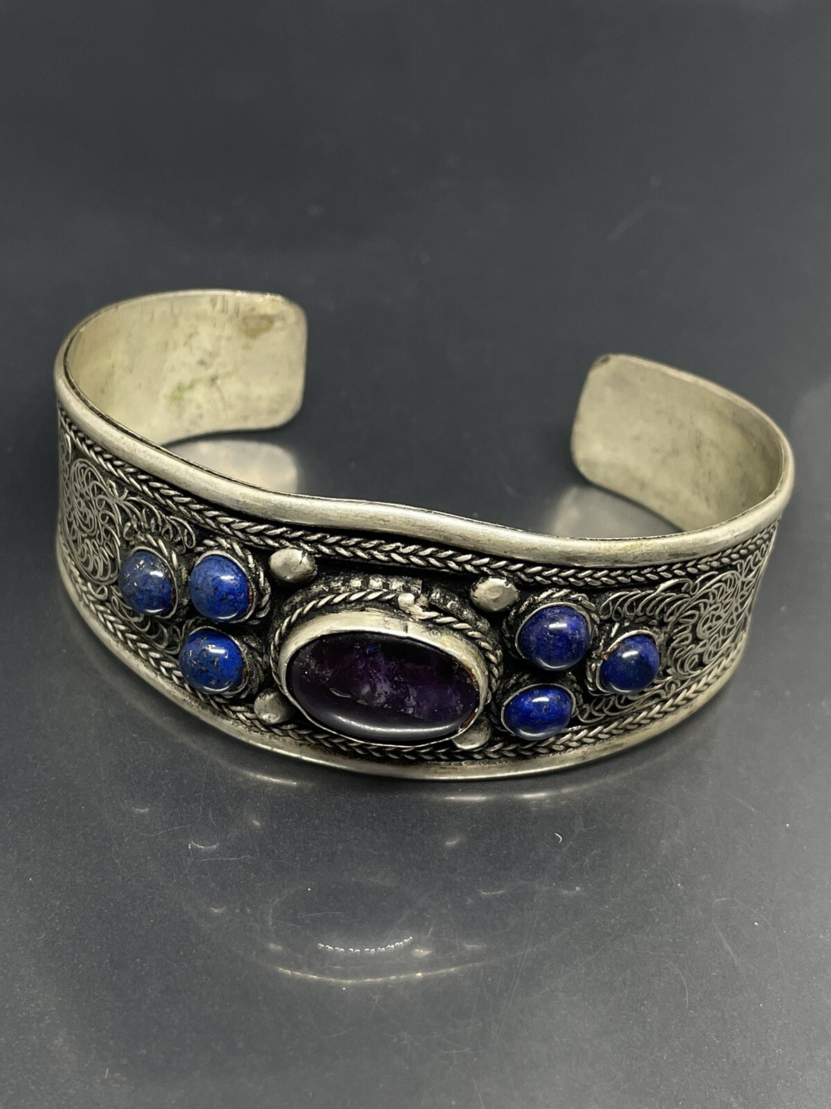 VTG READ! TIBETAN NOT SILVER SILVERTONE METAL AMETHYST LAPIS 7.3” CUFF BRACELET