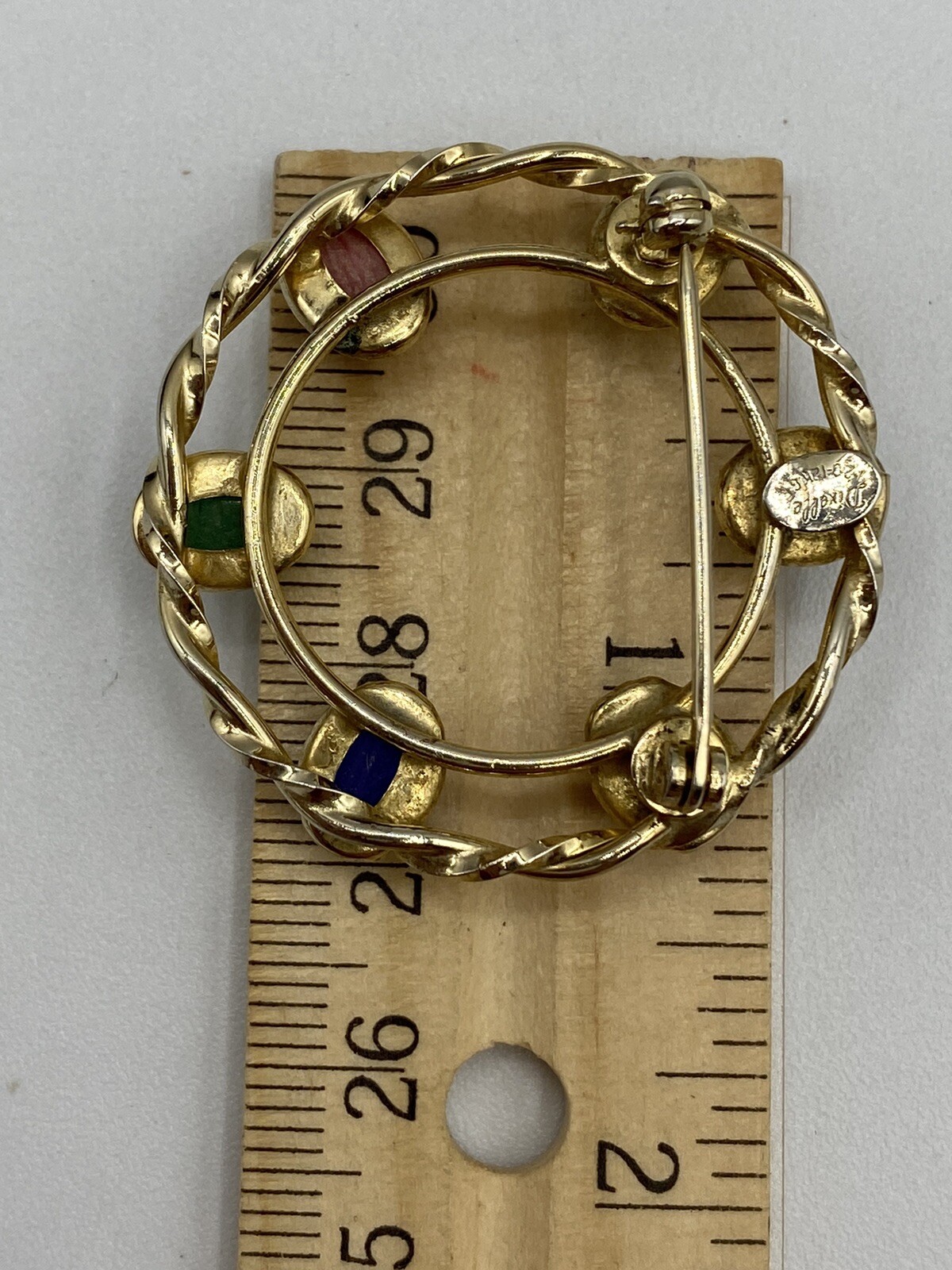 DIXELLE Brooch Signed SCARAB GEMSTONE ROUND PIN 1/20 12K GOLD FILLED 1 1/4″