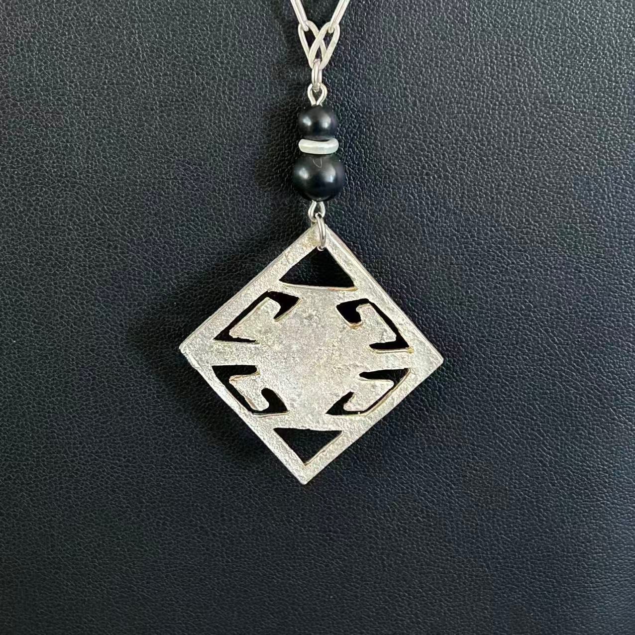 Vintage Modernist Geometric Pendant Necklace Simulated Black Onyx ~36”