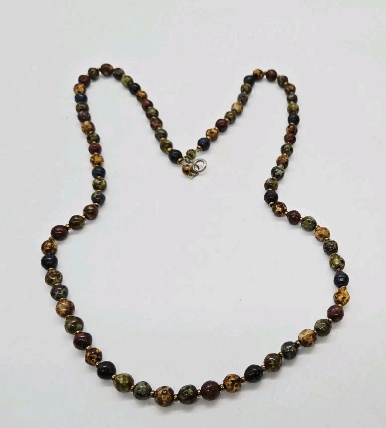 Vintage Faux Scottish Agate Stone Murano Glass Beaded Necklace Earth Tones 30 in