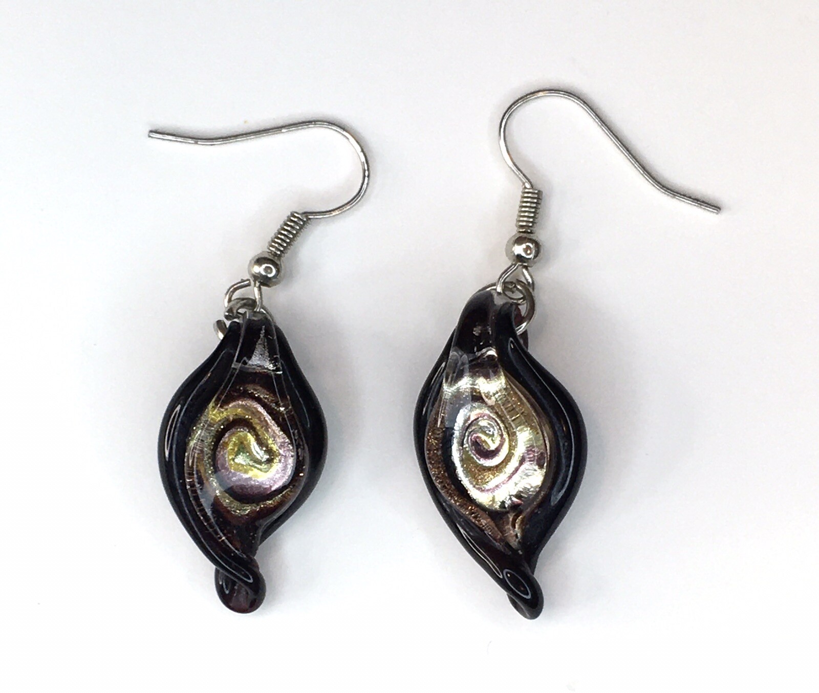 Art Glass Dangle Drop Earrings Black Purple & Yellow