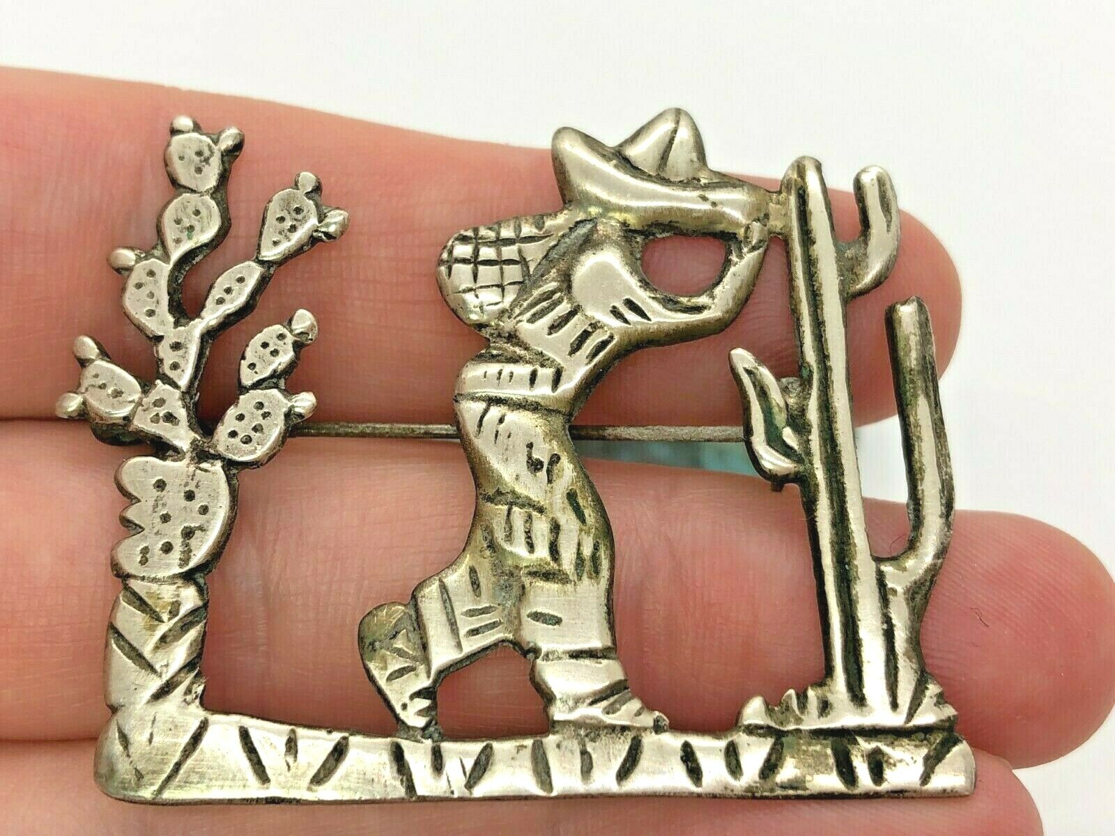 Mexico Vintage 800 Silver Person Walking with Cactus Brooch Pin 9 Grams