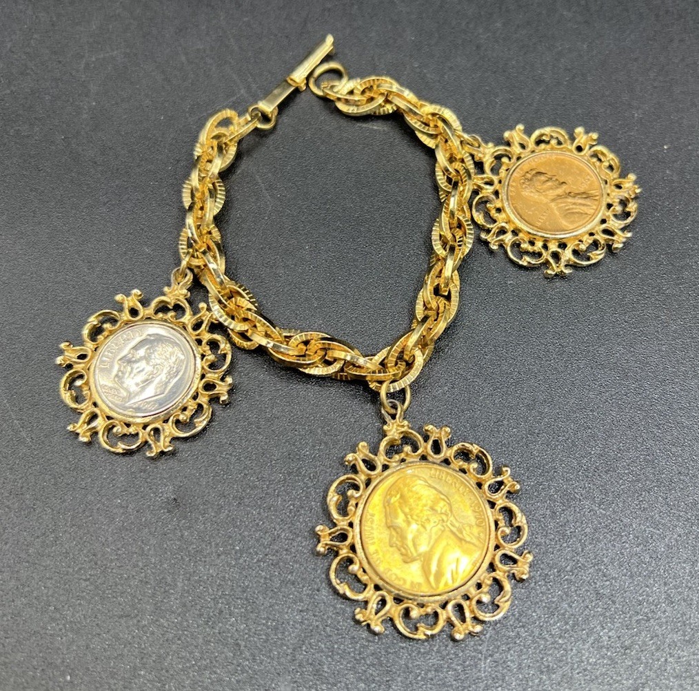 Vintage Gold Tone Double Link Charm Bracelet, 3 Genuine Coin Charms, 7”