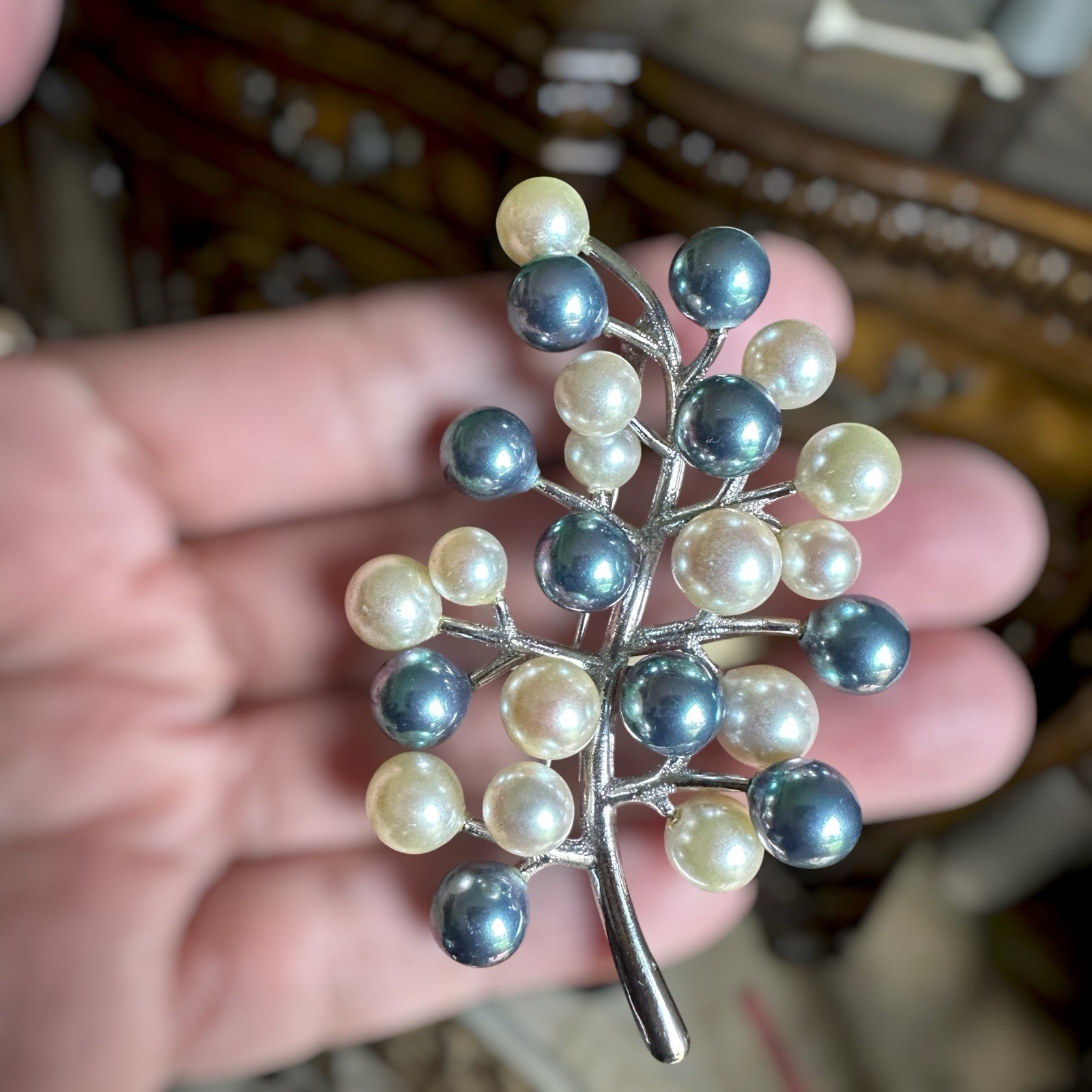 Vintage Artisan Brooch 2.9 Inch Faux Pearls Rhodium Plate Fine Silver 23.6g