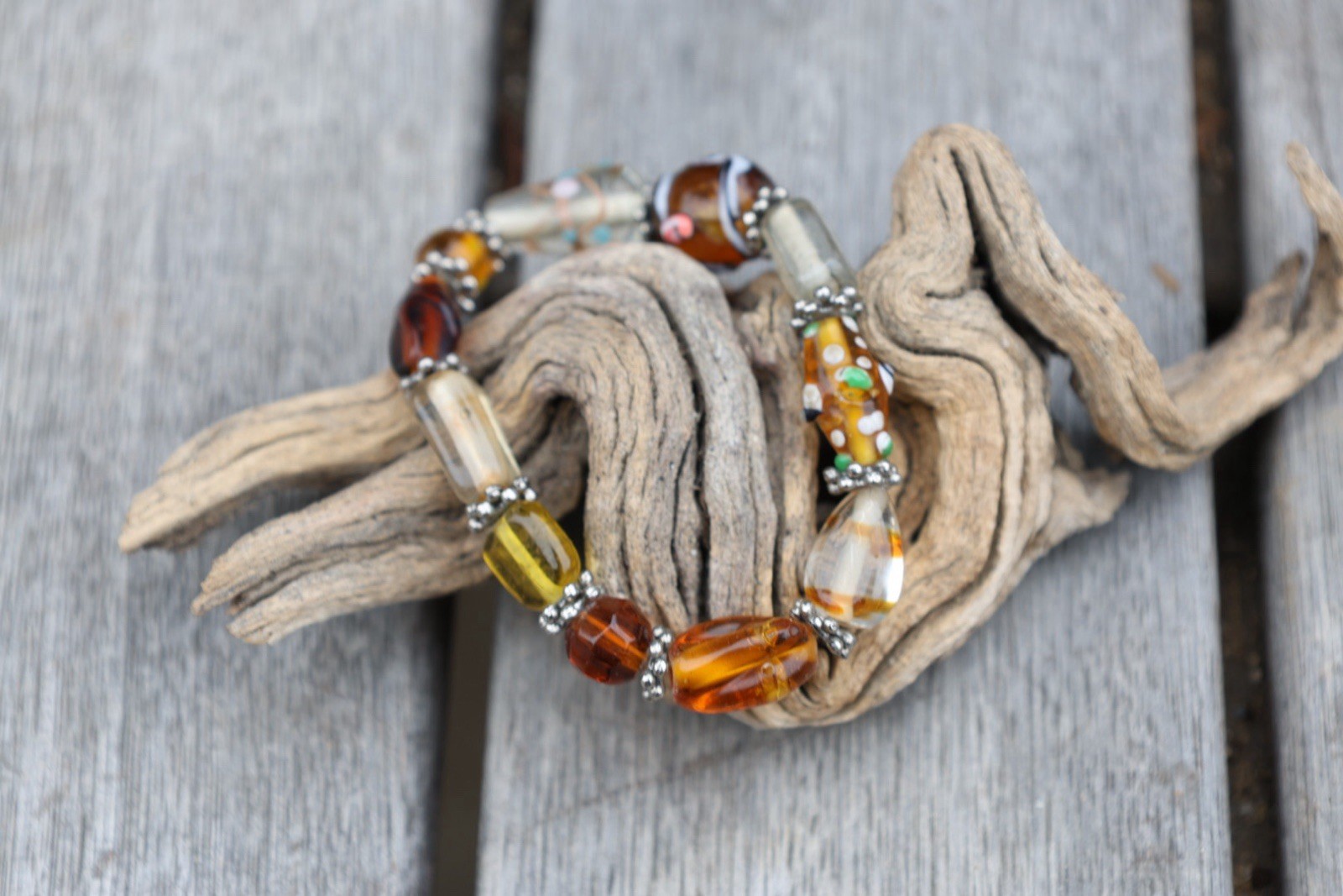 Vintage Lampwork Art Glass Bead Bracelet Amber Millefiori Stretch Boho Statement
