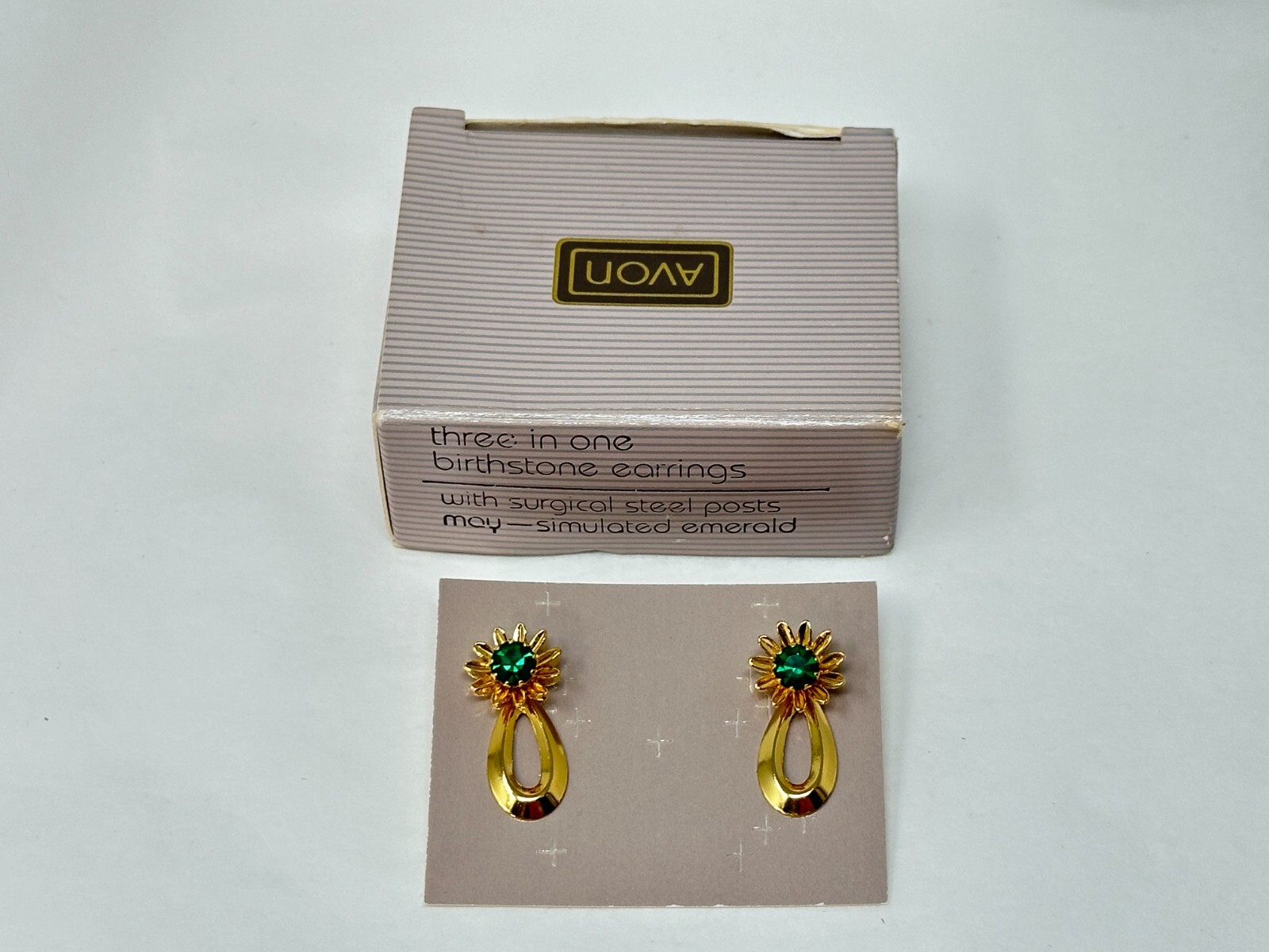 Vintage 1990 Avon MAY Green Birthstone Three in One Pierced Earrings With Box