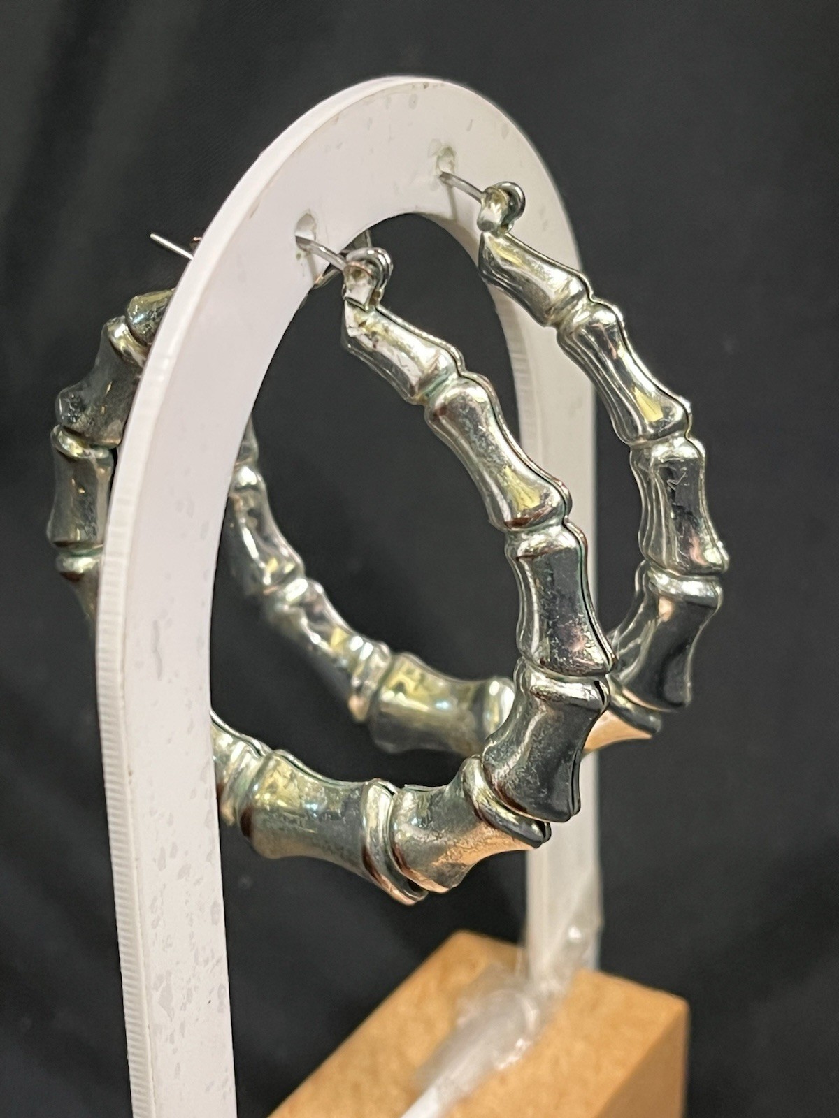 VINTAGE BAMBOO SILVER TONE METAL HOOP EARRINGS 2”