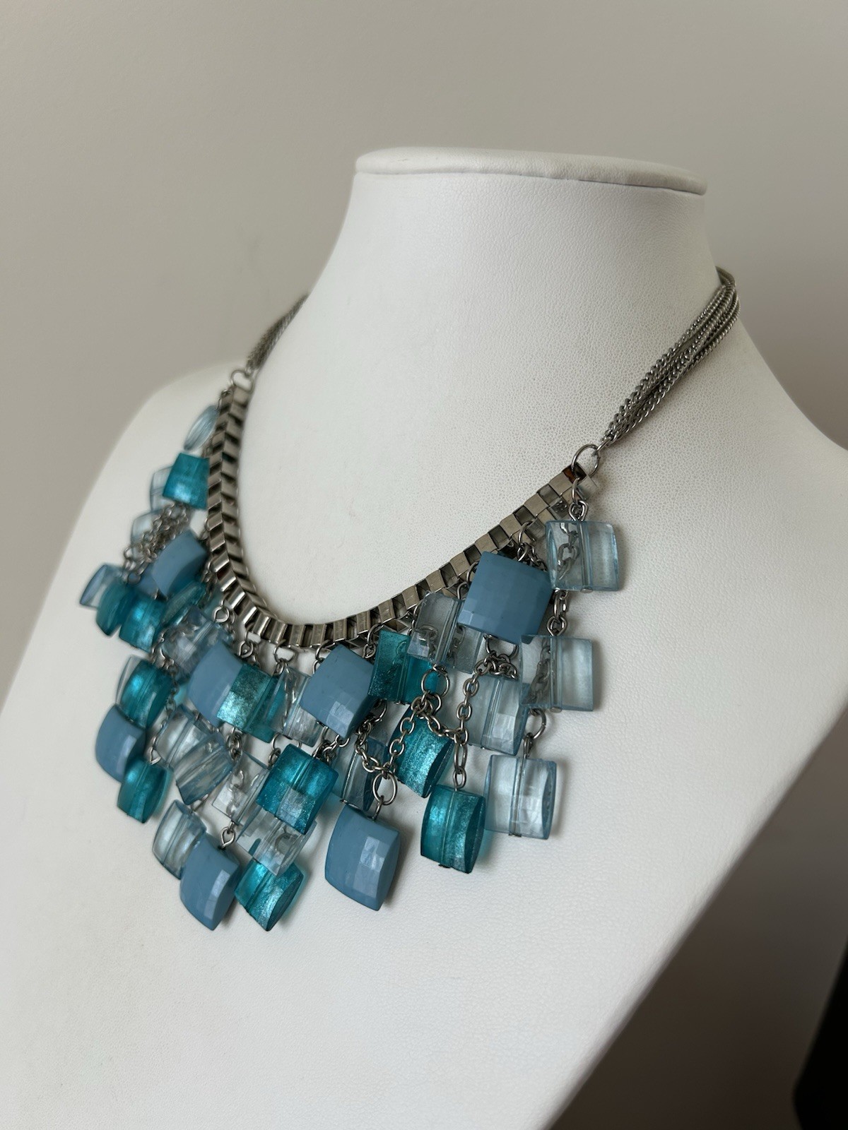 Statement Lucite Bib Necklace Blue Aqua Lucite Cube Beads Waterfall Fringe 18”