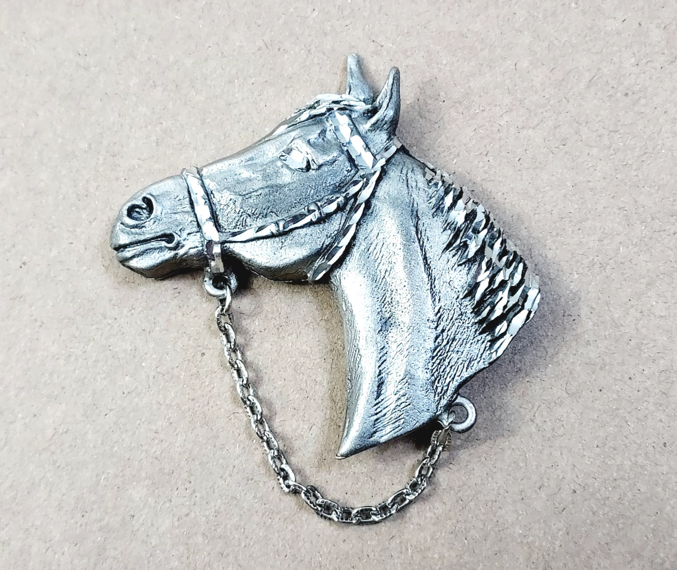 Equestrian Pewter Horse Head Brooch W/Chain Created by Ege Pewter Co. 1992