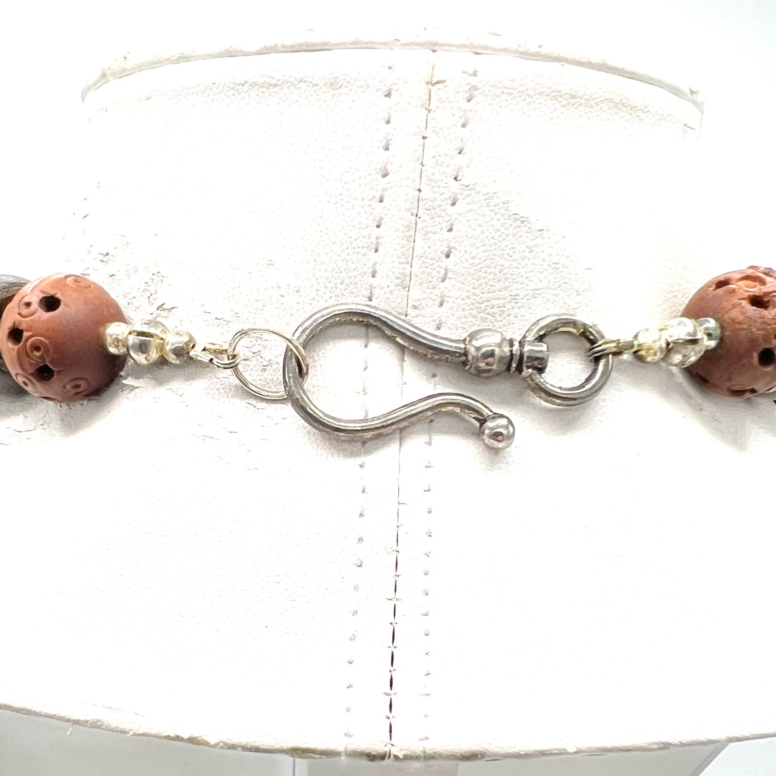 Chunky Vtg Artisan Carved Wood Bead Necklace-Asian Style Ceramic Medal Pendant