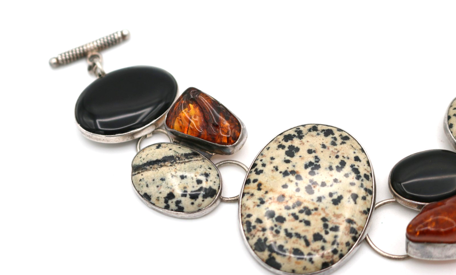 AKR Amy Kahn Russell 925 Sterling Silver Dalmatian Jasper, Amber & Onyx Bracelet