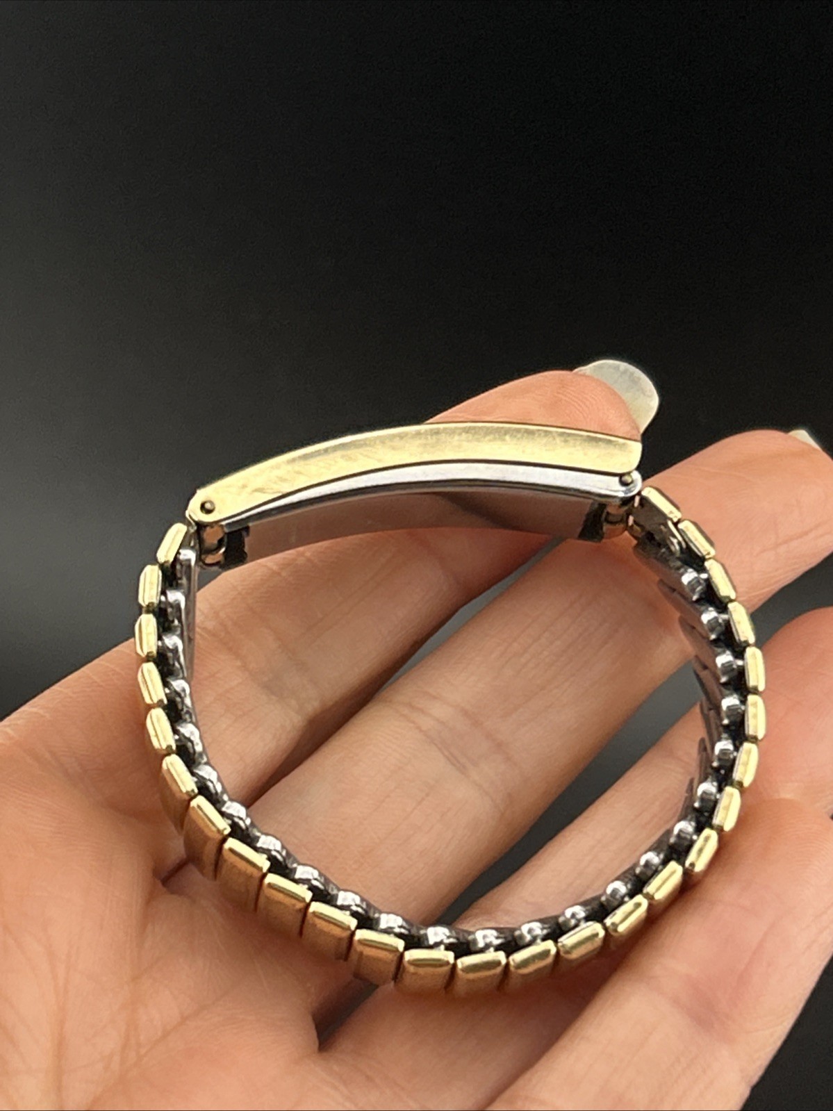 Vtg Drema 1/20 10k GF Top Hid Compartment Stainless Steel Stretch Band Bracelet