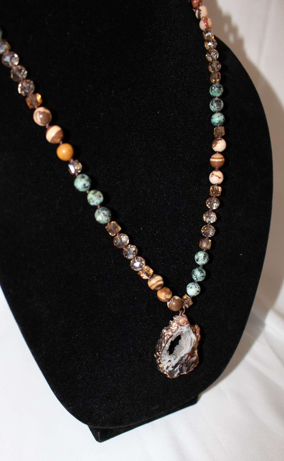 Estate Vintage Boho Necklace Crystal Druzy Brown Natural Stone Earthy Colors