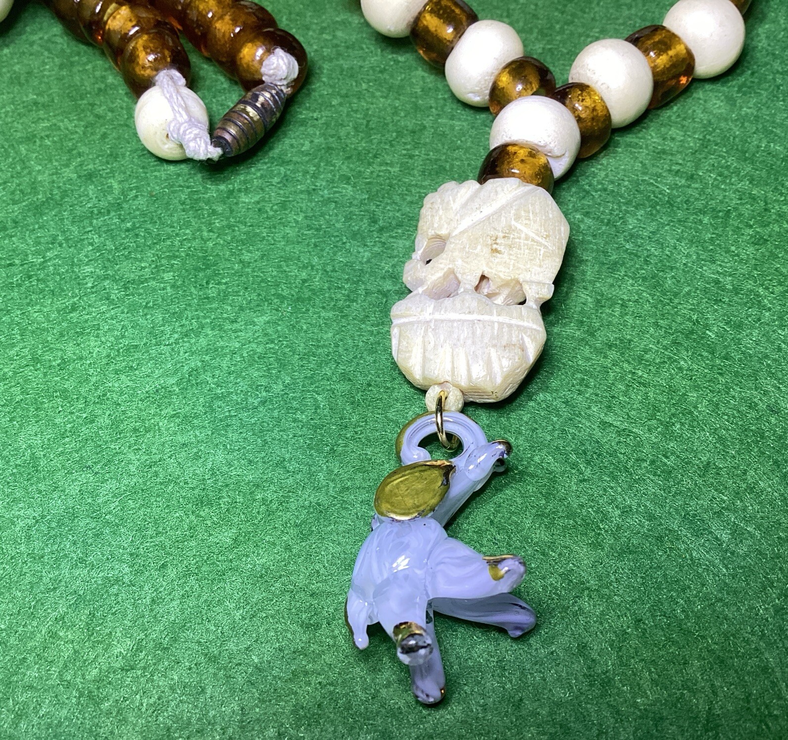 Vintage Elephant Theme Carved Bovine Bone & Amber Glass Beads 27” Necklace
