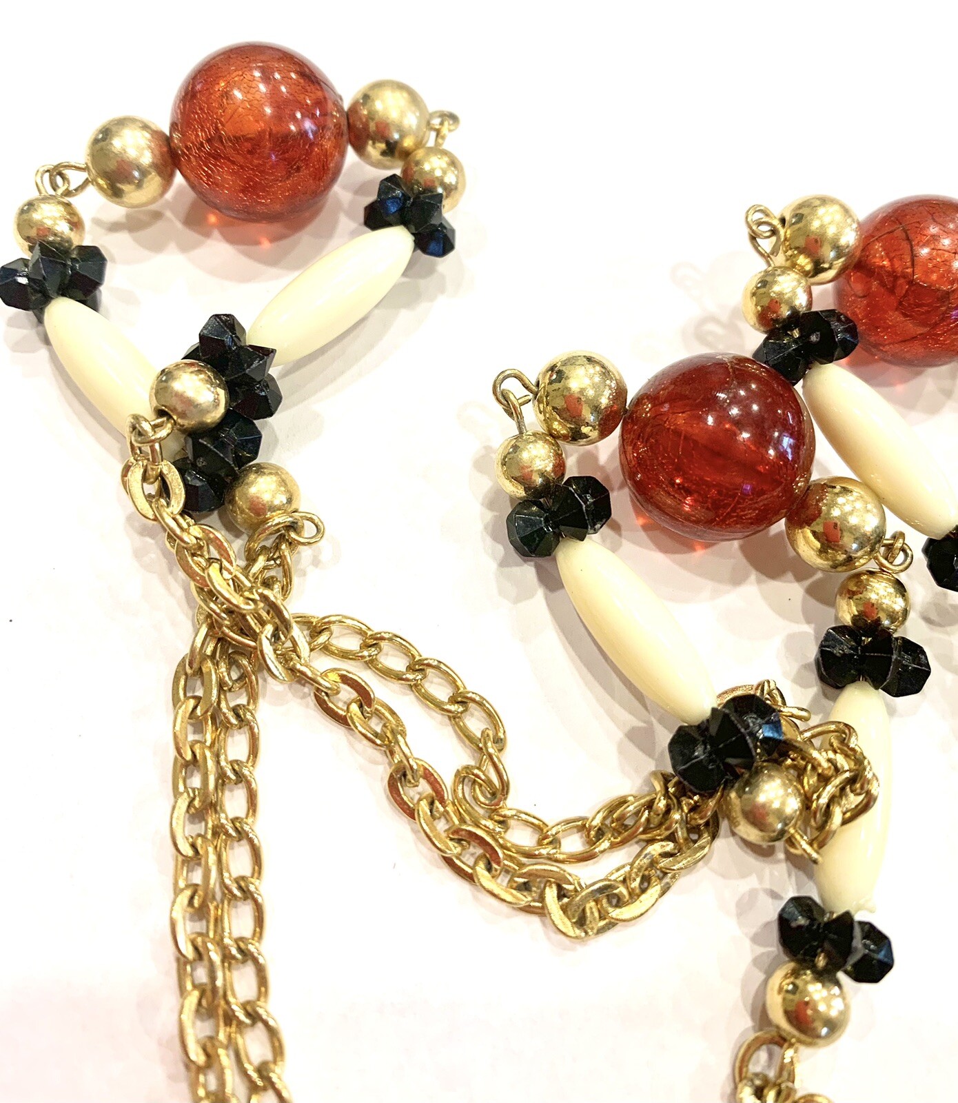 Vintage 48” Gold Tone W Black, Cream & Amber Colored Beads Necklace Or Belt