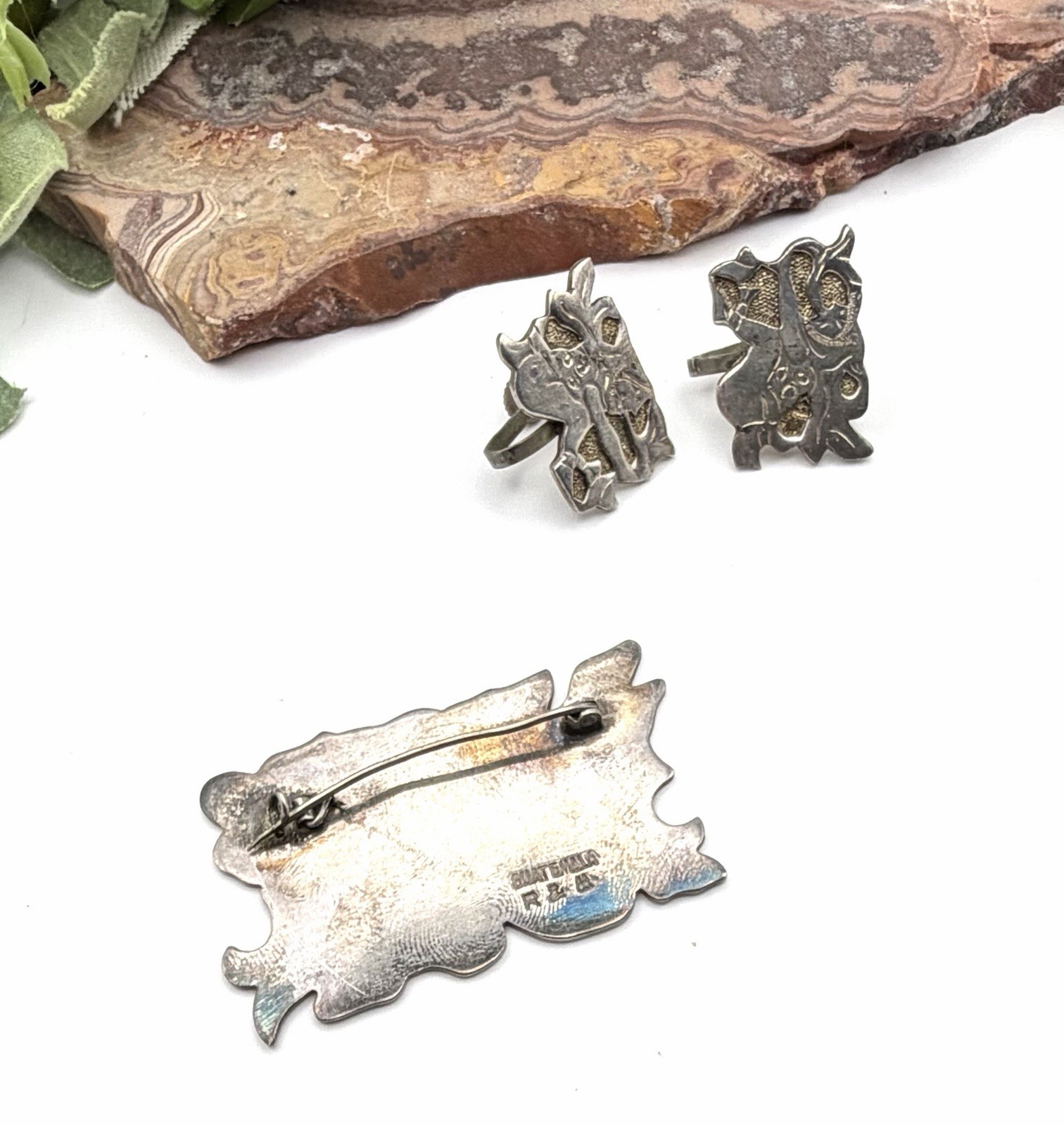 VINTAGE STERLING GUATEMALA PIN BROOCH+SCREWBACK EARRINGS Set R&M Estate Jewelry!