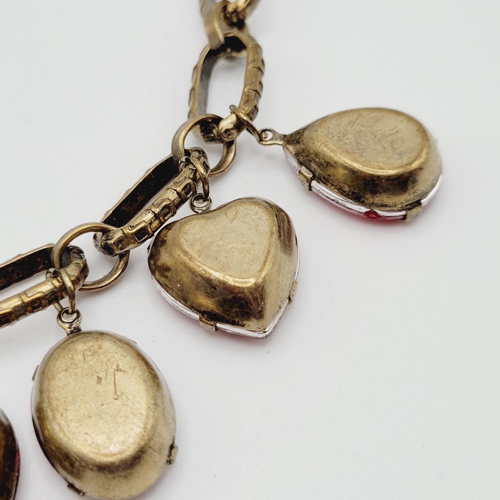 Red Acrylic Gem Statement Red Heart Brass Tone Large Link Vintage Necklace 17 In