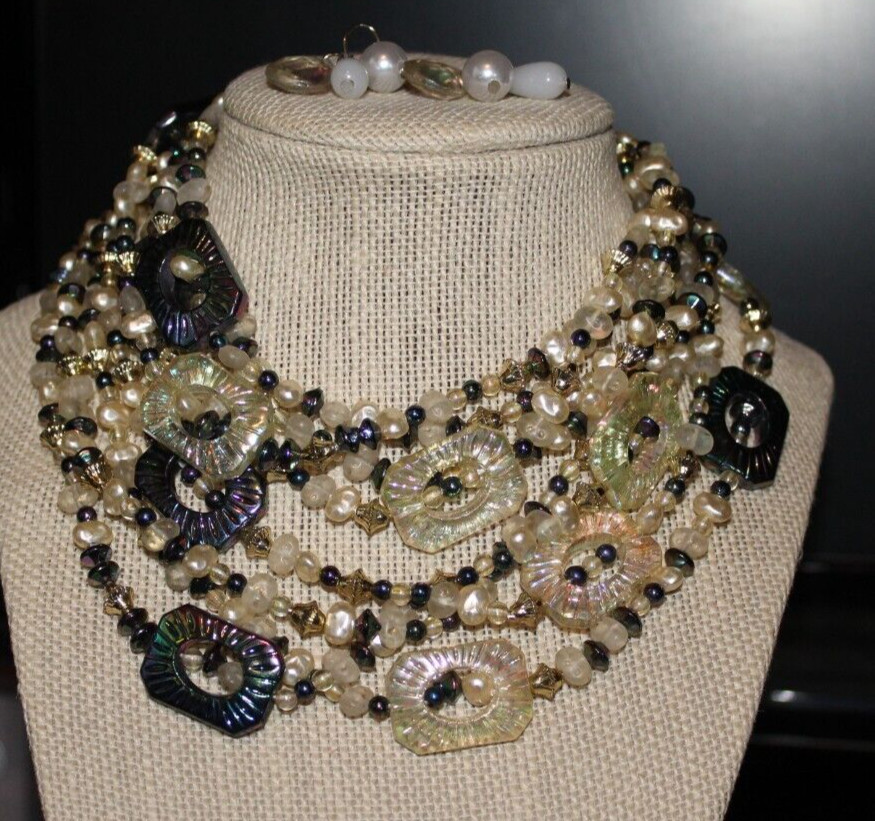VTG 4 STRAND FAUX PEARL AND AB BEAD NECKLACE+HOOK DANGLE EARRINGS STUNNING