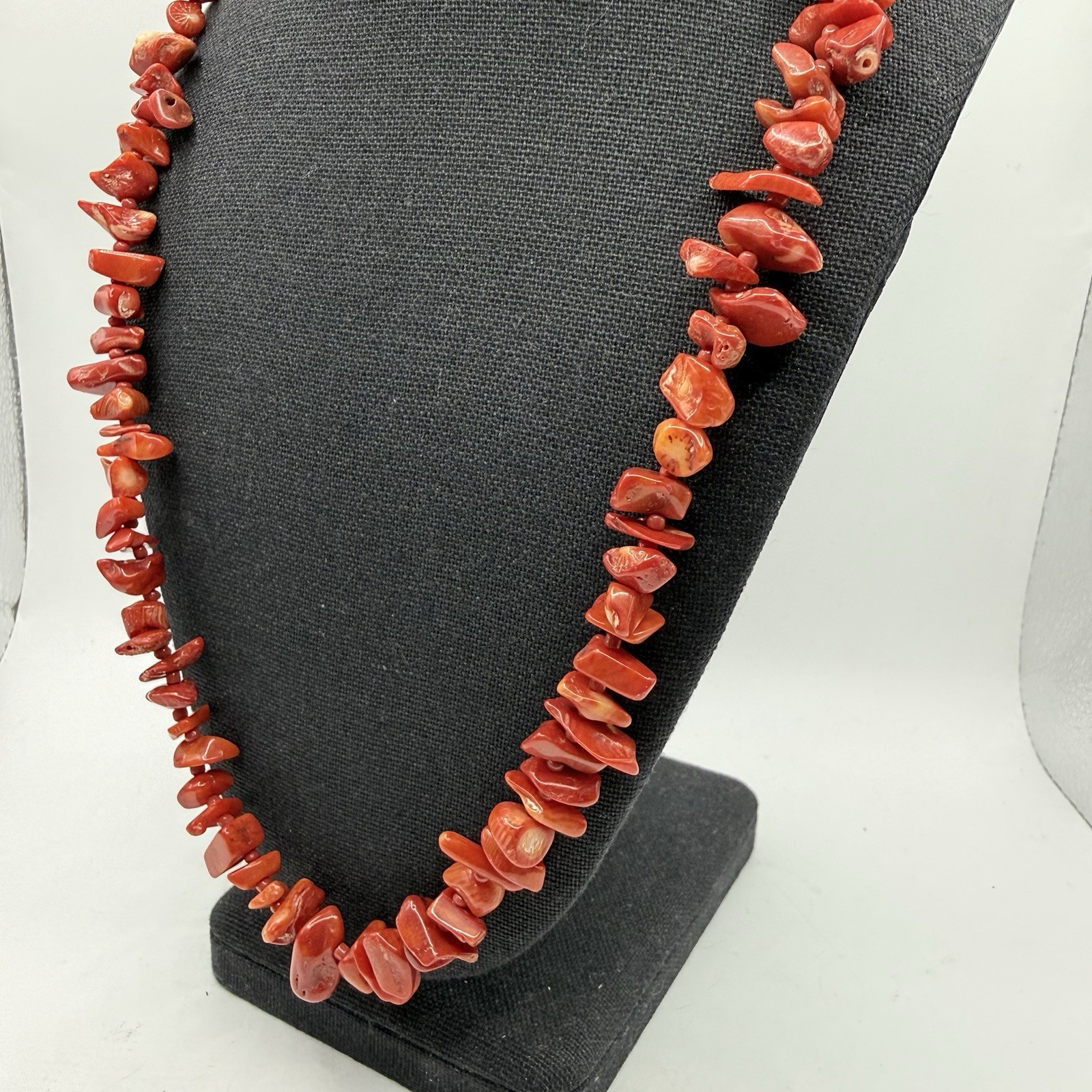 Genuine Natural Nugget Red Coral Bead necklace 22” Silver tone Clasp