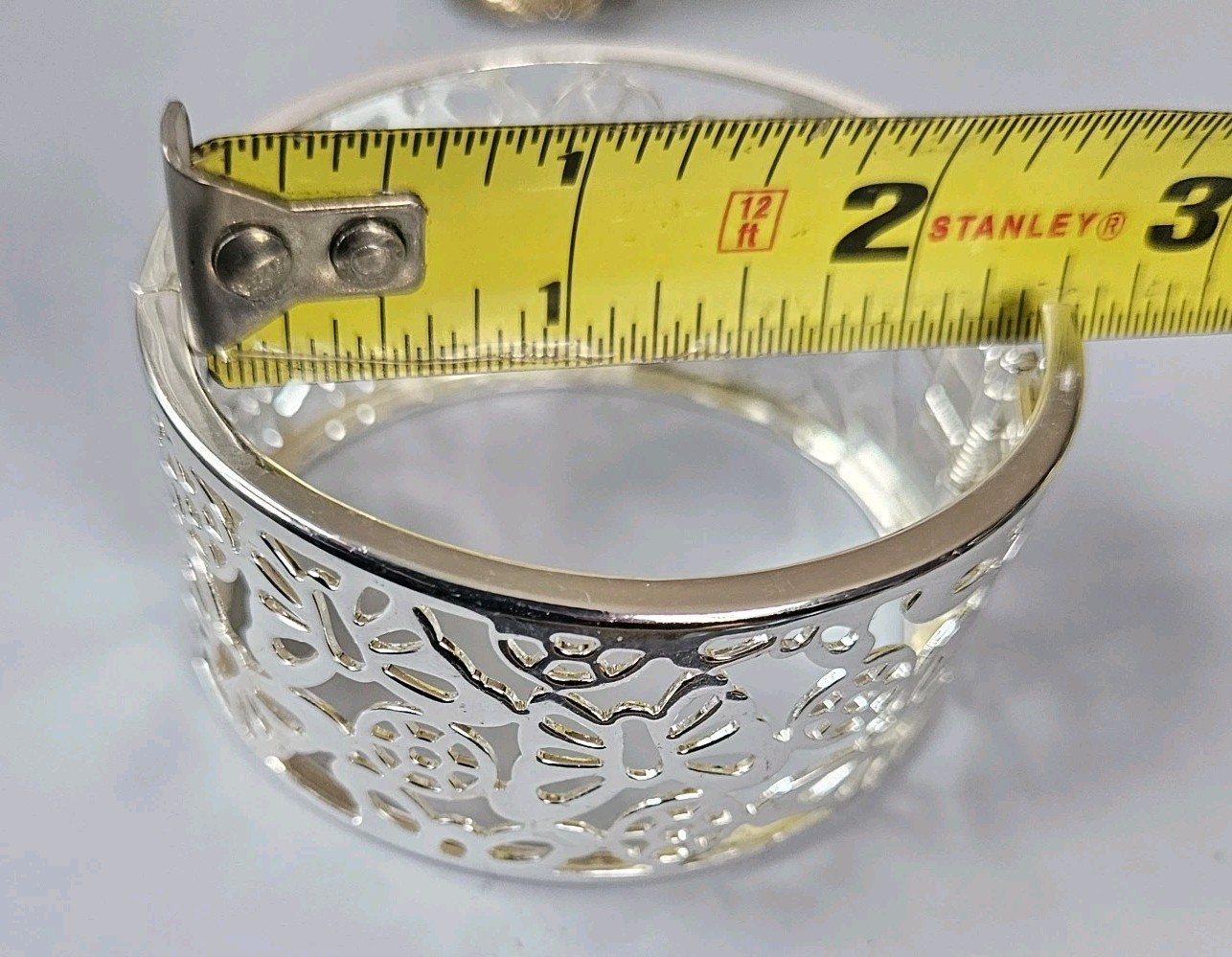 Wide Bangle Bracelet Hinged Silver Tone Butterfly Floral Open Work Shiny Clamper